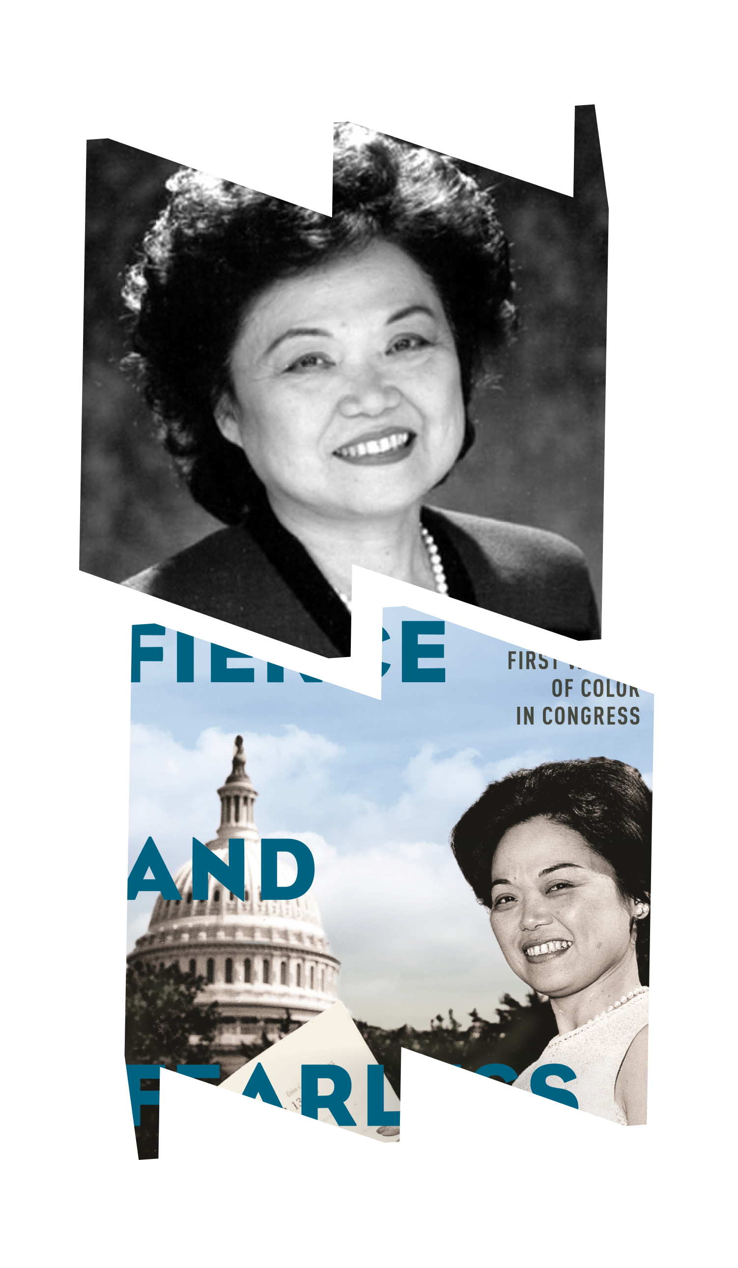 Black and white headshot of Patsy Mink in left "W" frame; cover of Fierce and Fearless, image of Patsy Mink in front of U.S. Capitol, on right in "M" frame.