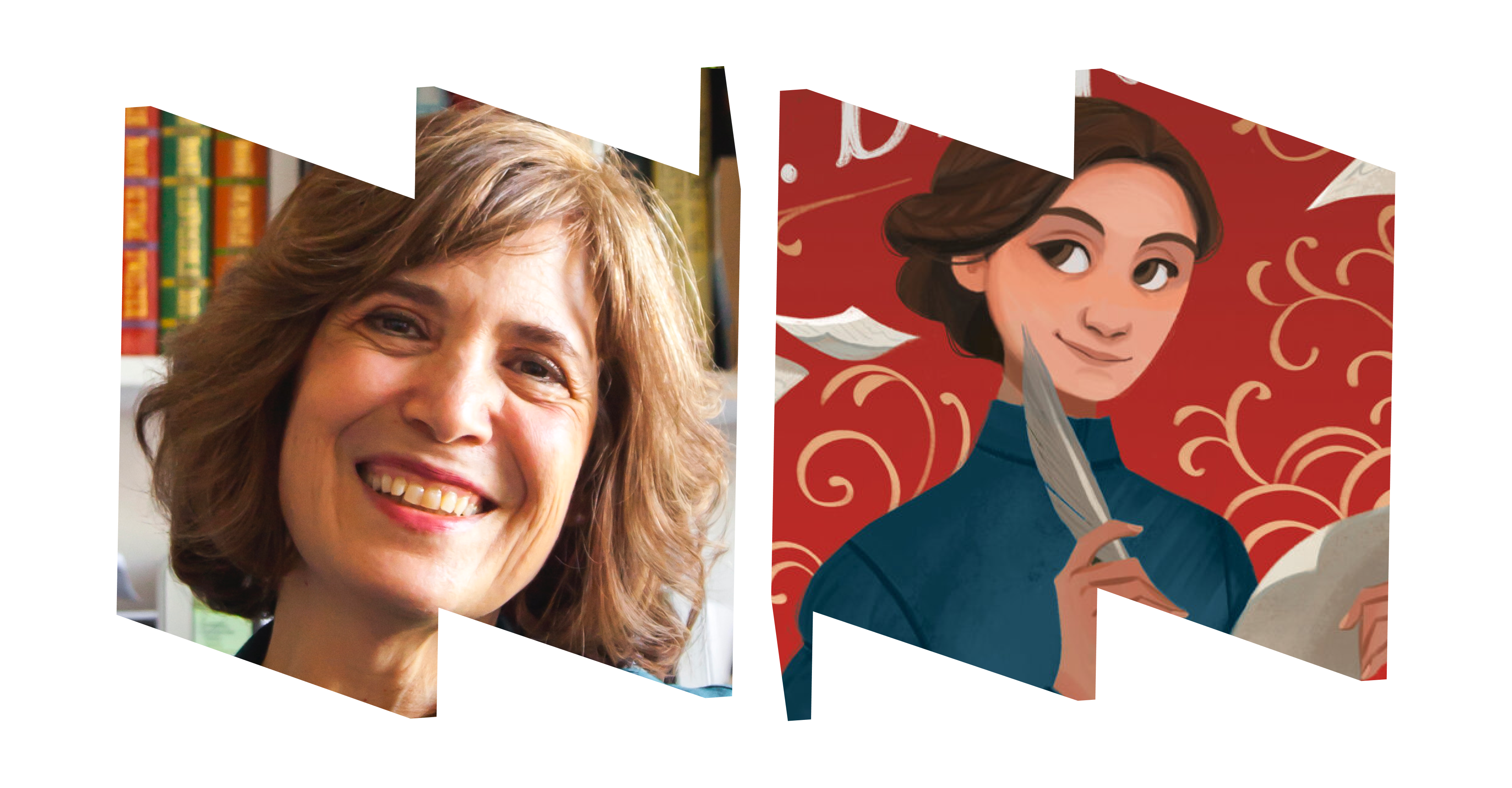 Left "W" frame with headshot of author Nancy Churnin; right "M" frame with illustration from cover of book of Eliza Davis