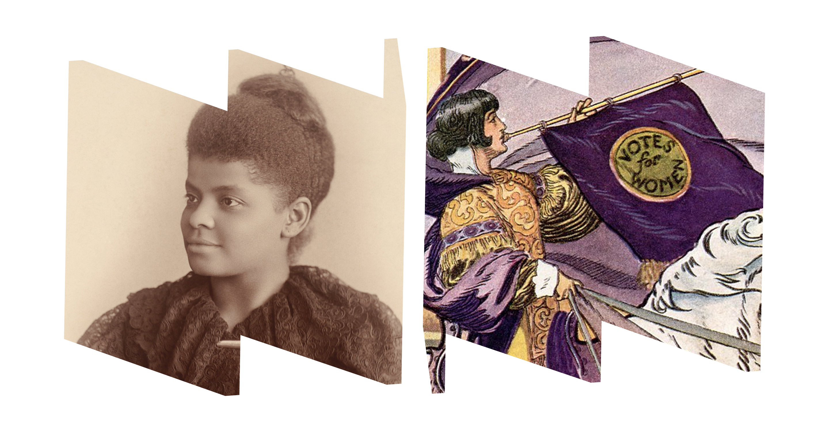In left "W" frame, profile image of Ida B. Wells; in right "M" frame, illustration of woman on horse with "Votes for Women" banner.