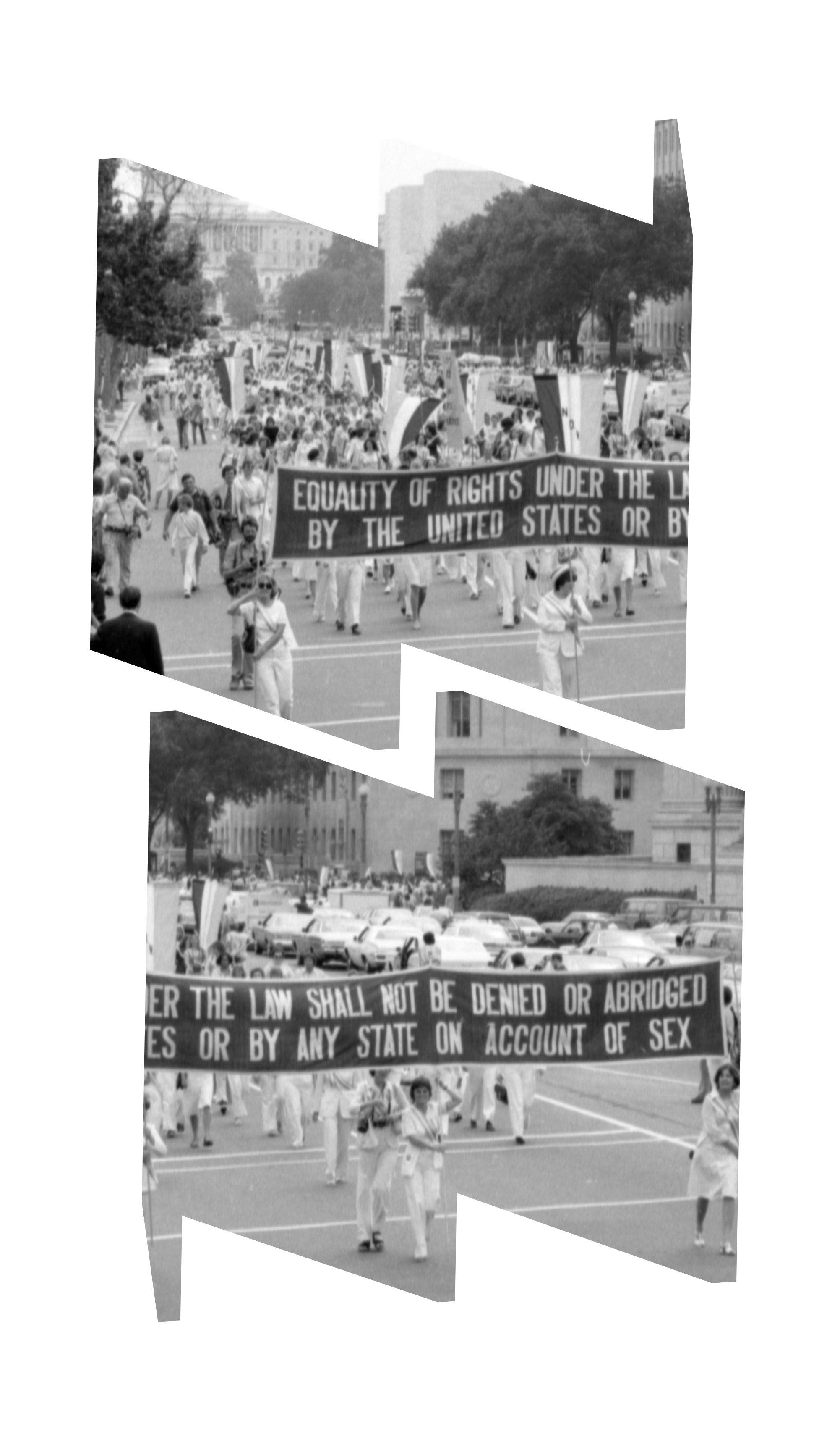Participants in Alice Paul Memorial March carry a banner with the text of the 19th Amendment: "Equality of Rights Under the Law Shall not be Denied or Abridged by the United States or by any State on Account of Sex," August 26, 1977.