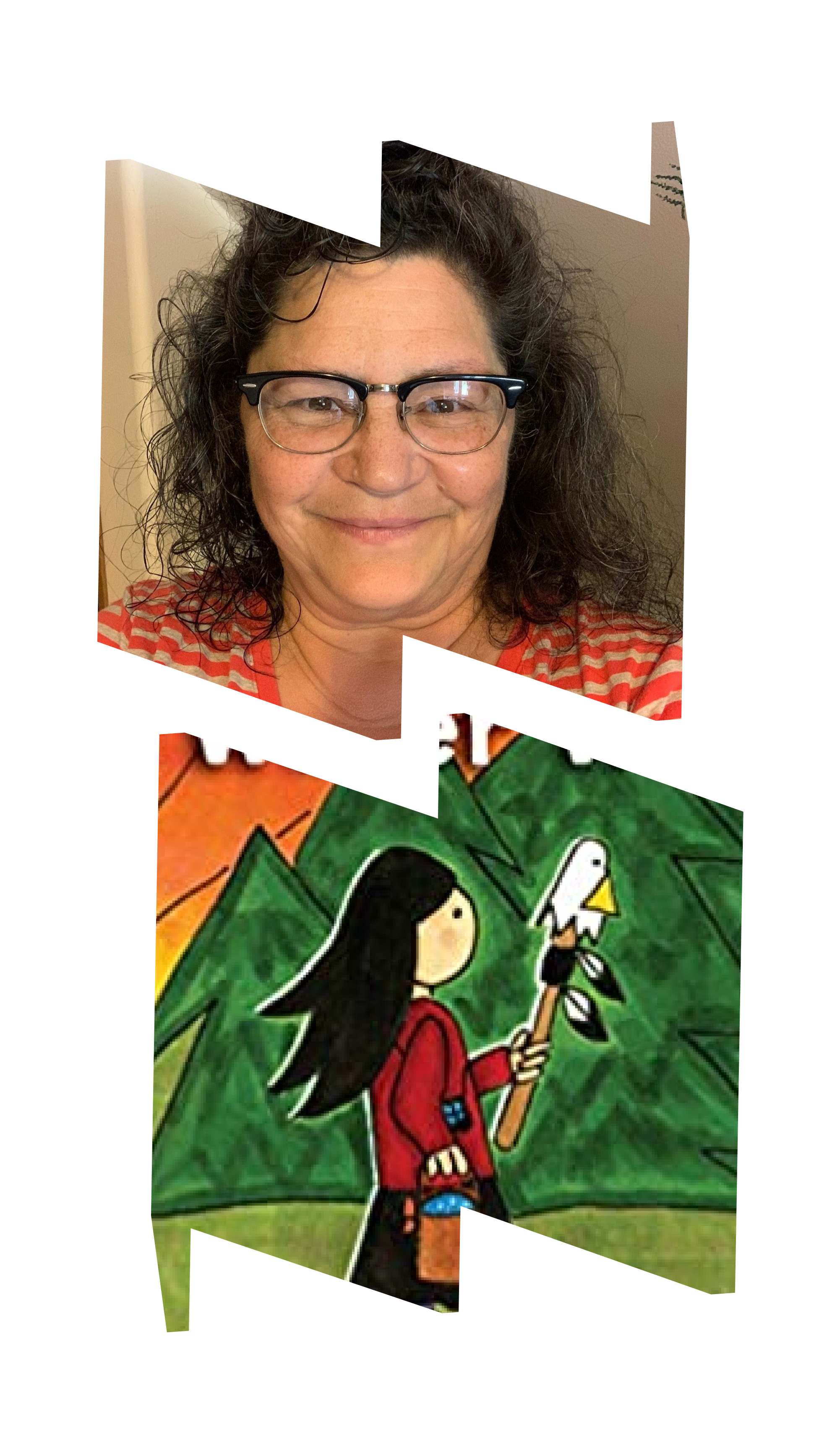 In top "W" frame, headshot of author Joanne Robertson; in bottom "M" frame, image of young girl walking and carrying watering can from cover of the book