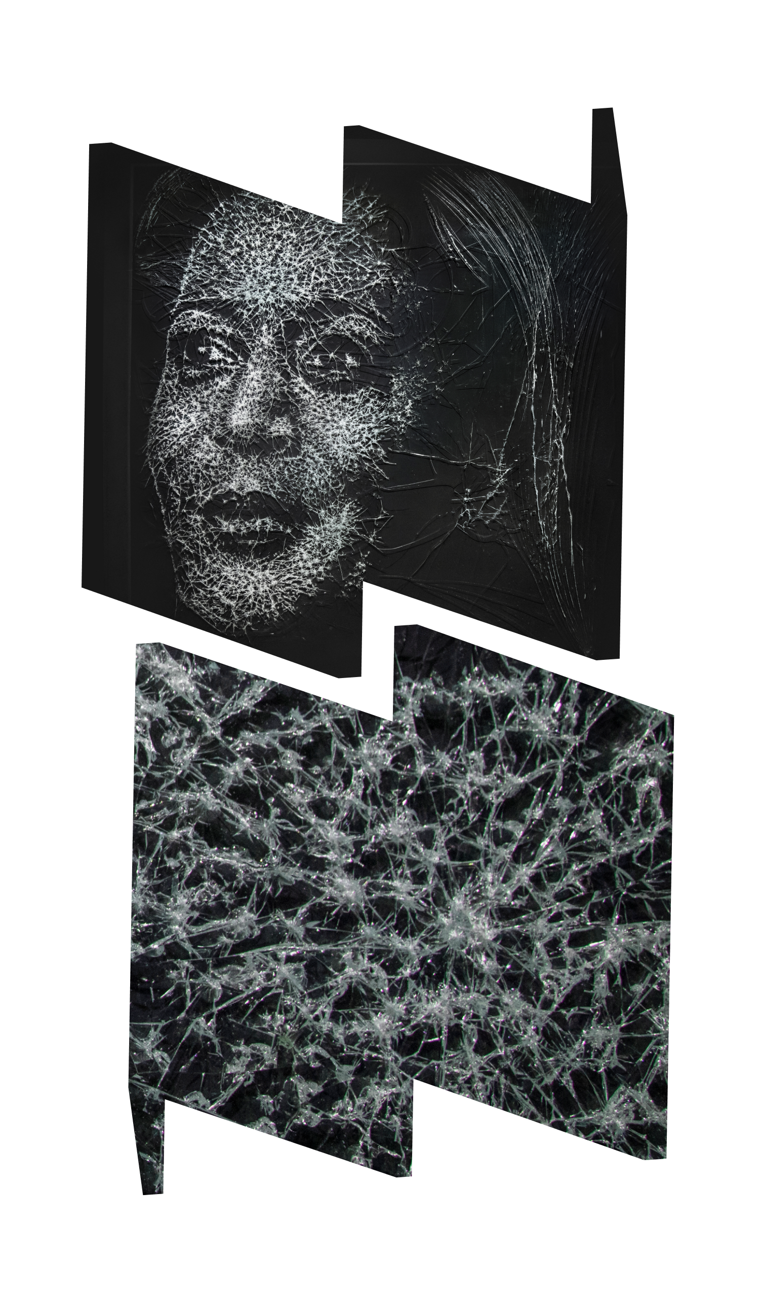 Top "W" frame with portrait of Vice President Kamala Harris made of shattered glass; bottom "M" frame with close-up of shattered glass.