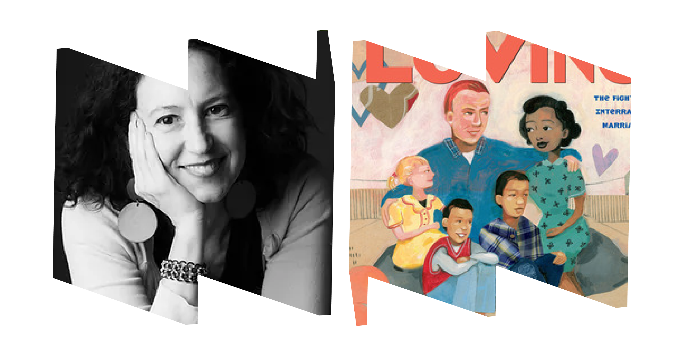 Left "W" frame with black and white headshot of author Selina Alko; right "M" frame with illustration of father, mother, and three children.
