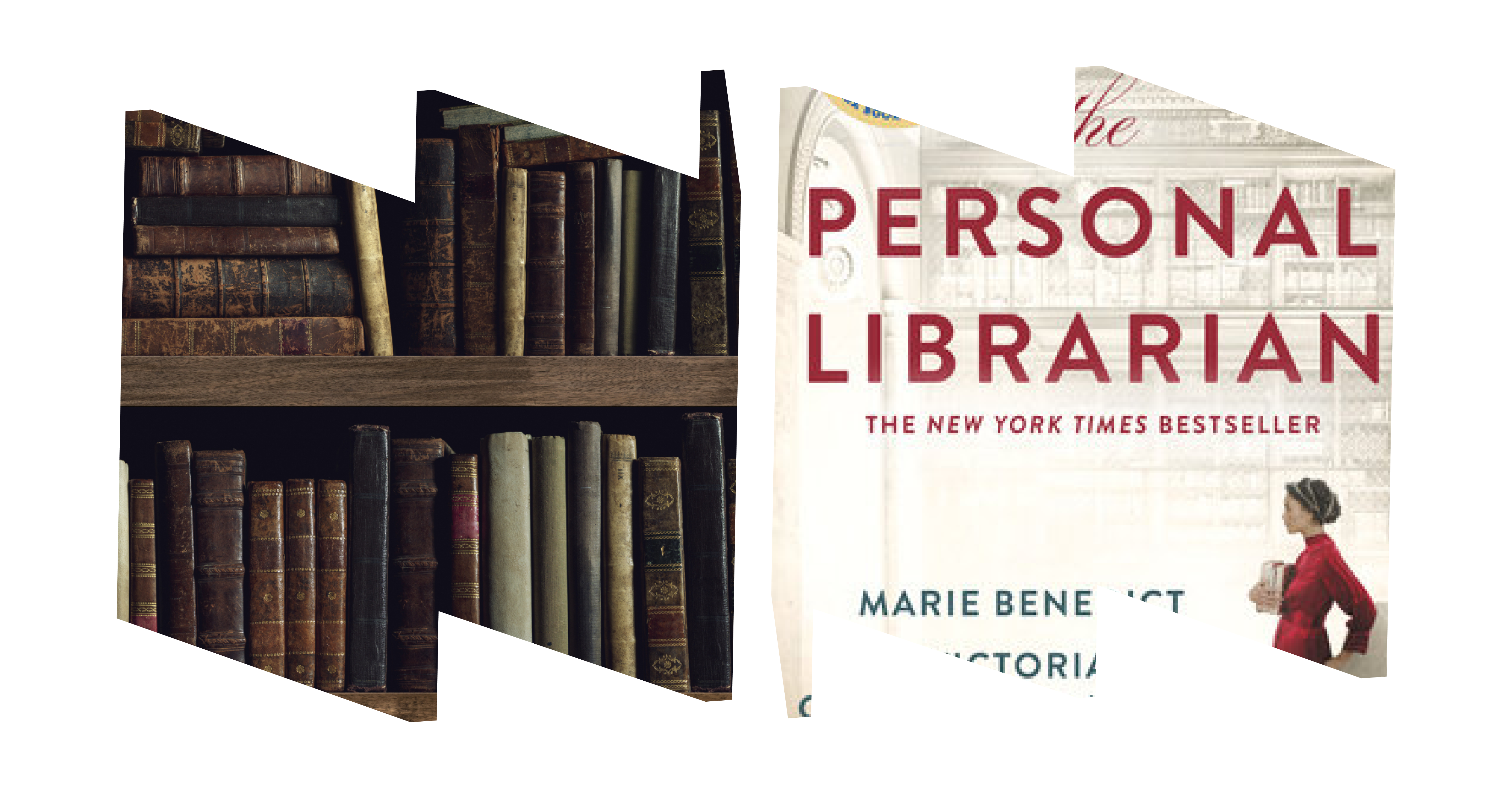 Left "W" frame -- images of books on book shelf. Right "M" frame is book cover with title of book and illustration of woman in lower right hand corner.