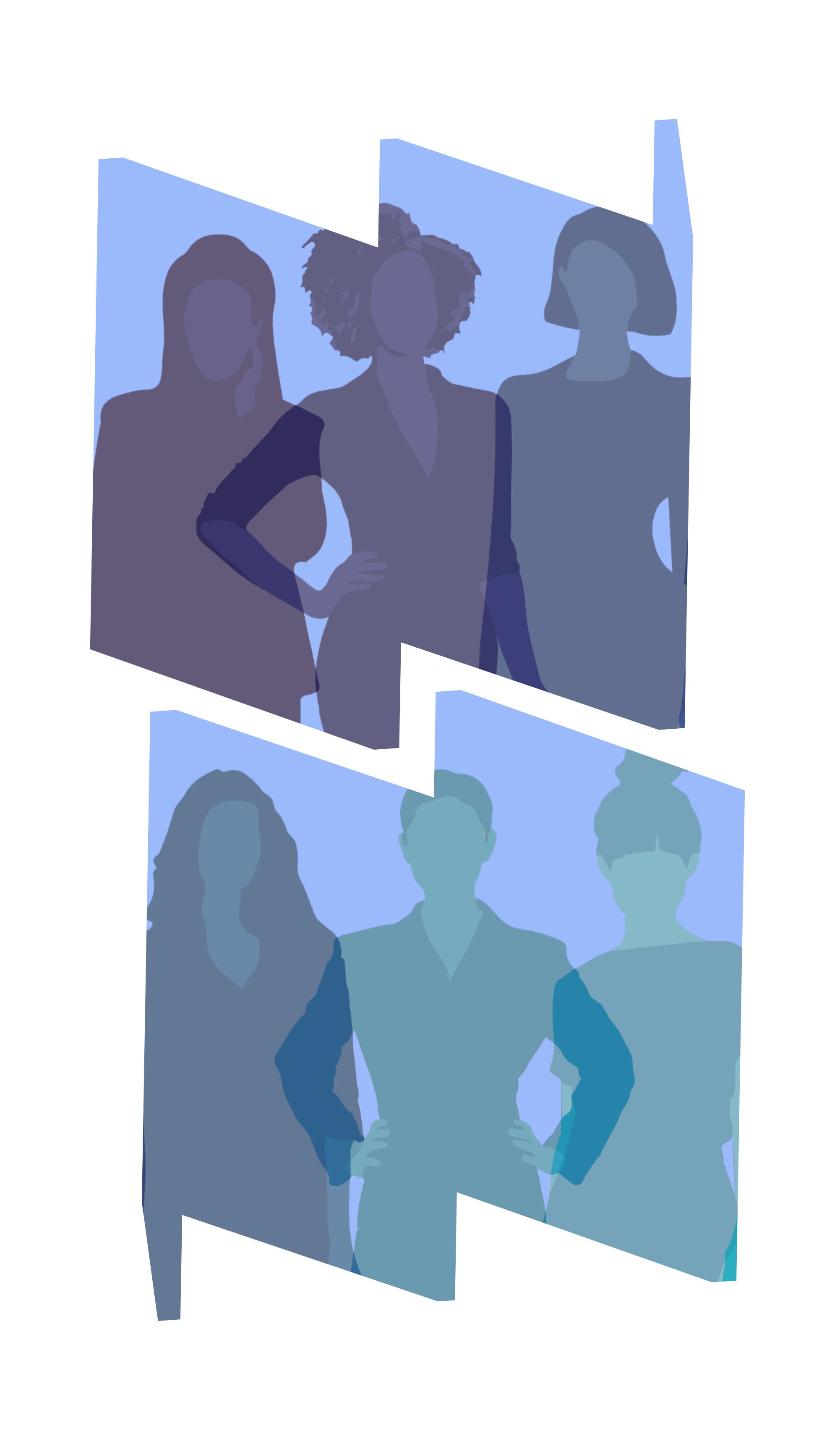 Illustration of several  women in colorful silhouettes against light blue backdrop inside frames of W (top) and M (bottom).