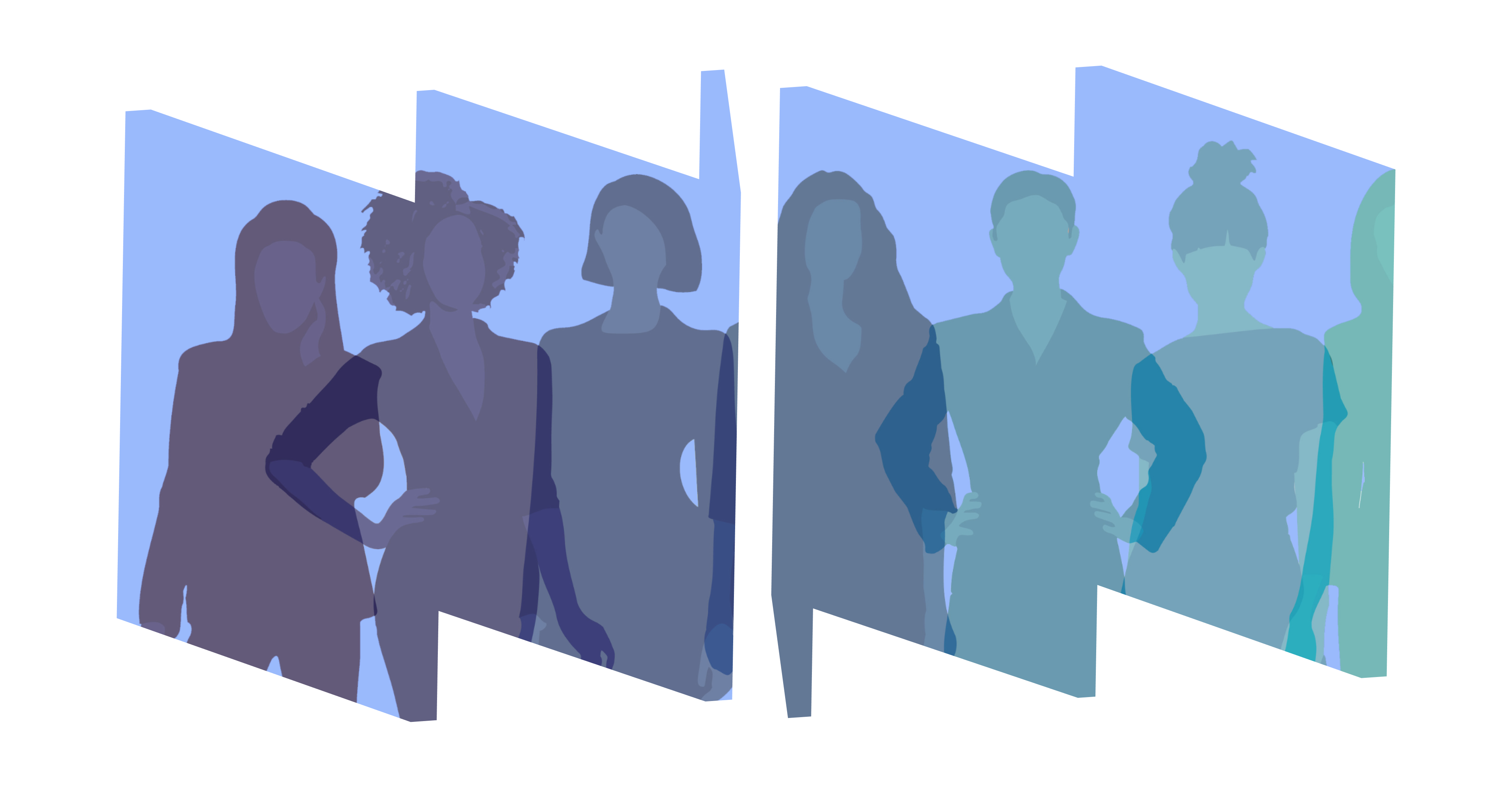 Illustration of several  women in colorful silhouettes against light blue backdrop inside frames of W (left) and M (right)..