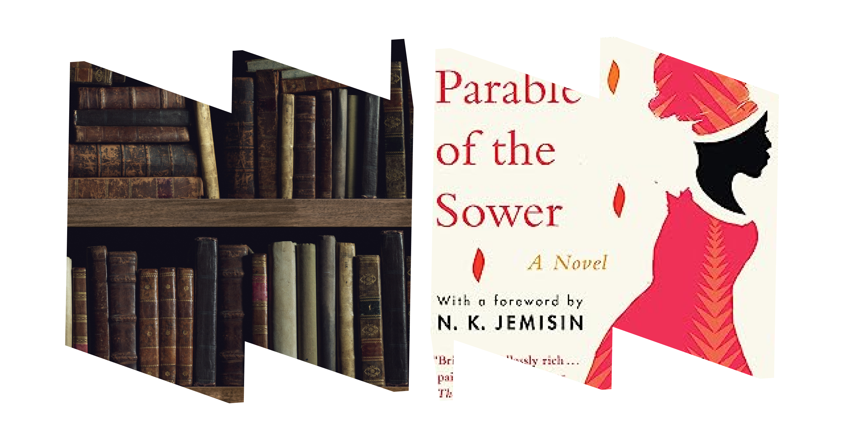 In left "W" frame, image of books on a shelf; in right "M" frame, partial view of the "Parable of the Sower" book cover featuring illustration of a woman with red hat and red dress.