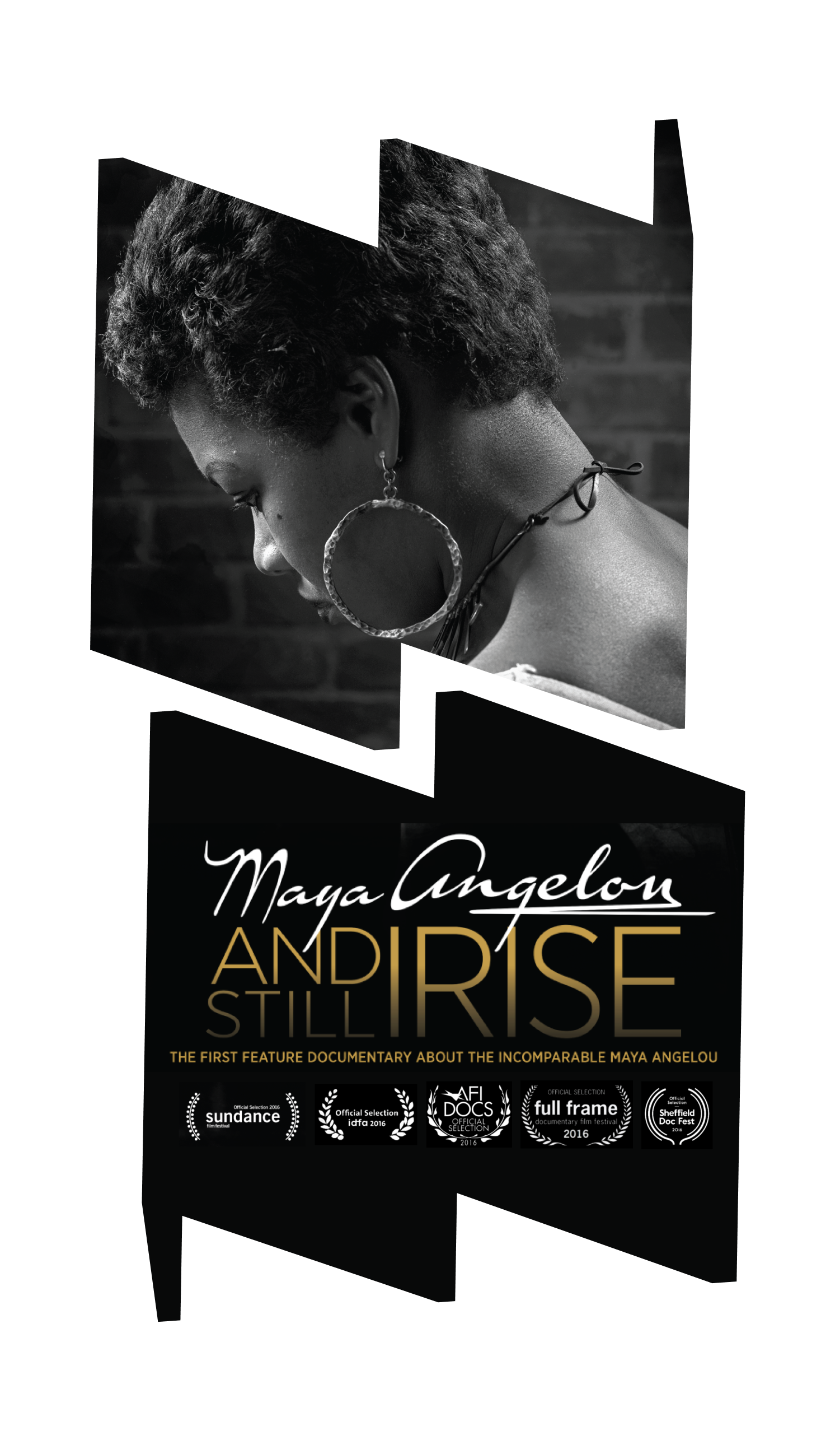 In top "W" frame, a black and white close-up profile image of Maya Angelou wearing a large hoop earring in her left ear and looking down. In bottom "M" frame, the movie title in script and several laurels underneath from various film festivals.