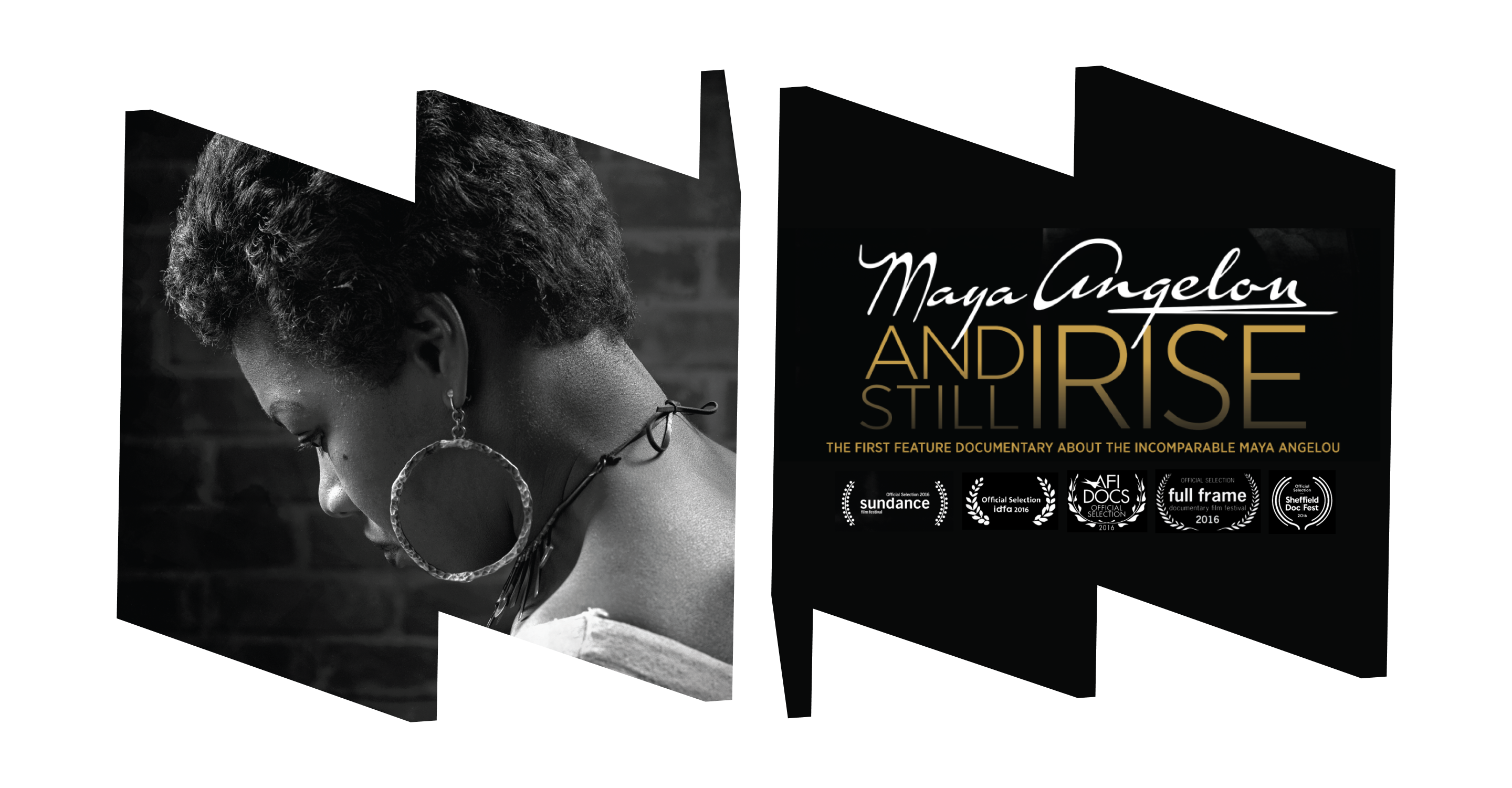 In left "W" frame, a black and white close-up profile image of Maya Angelou wearing a large hoop earring in her left ear and looking down. In right "M" frame, the movie title in script and several laurels underneath from various film festivals.