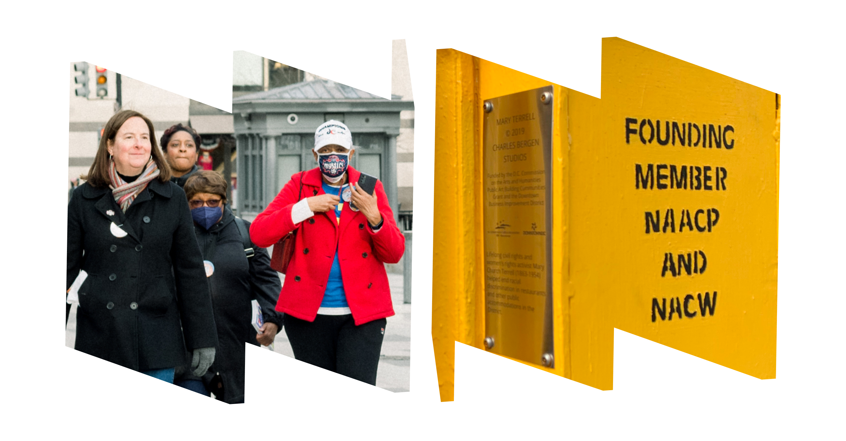 Particpants on a walking tour in left "W" frame; in right "M" frame, a historical marker call box honors Mary Church Terrell and says, "Founding Member NAACP and NACW"