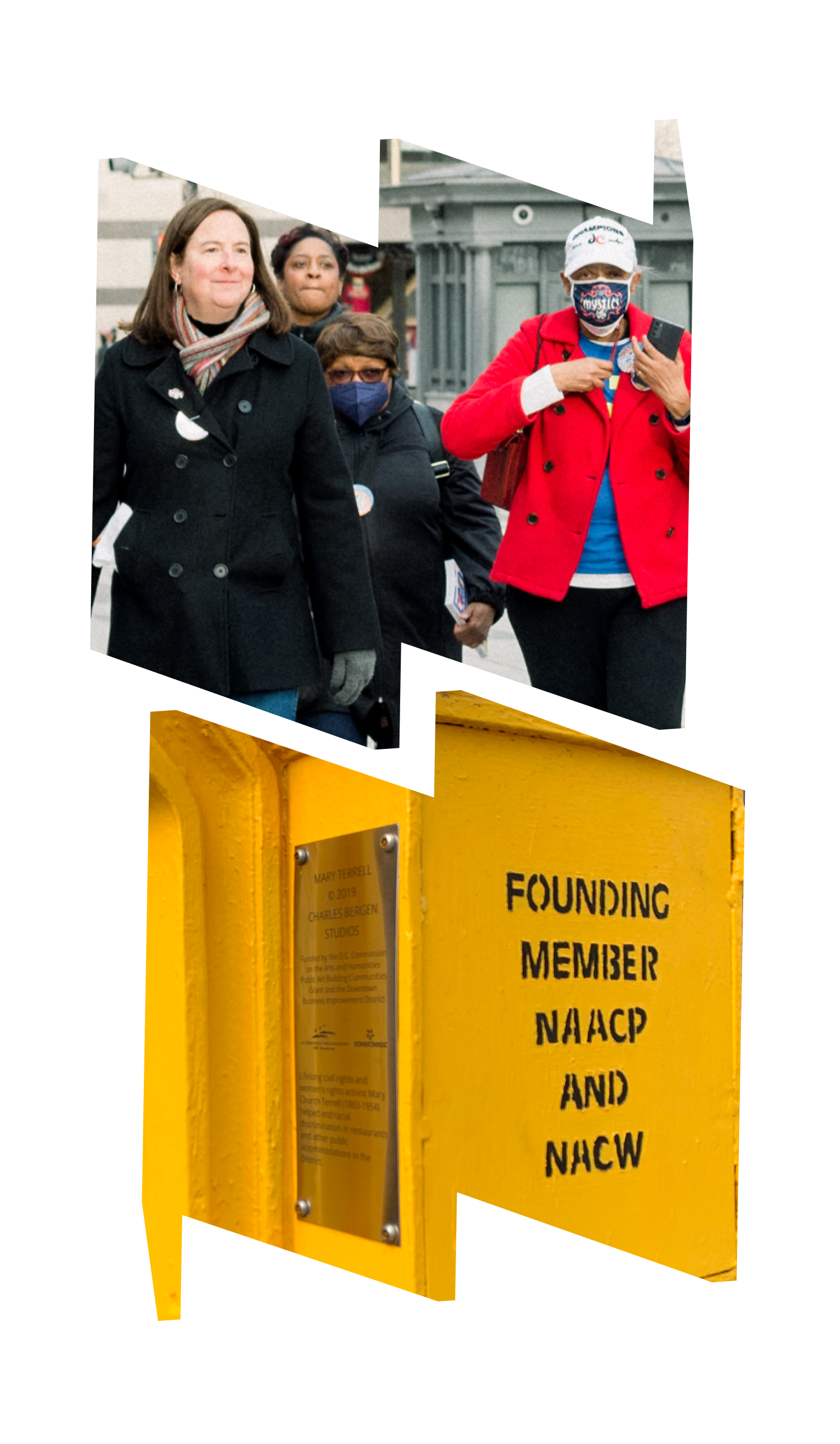 Particpants on a walking tour in top "W" frame; in bottom "M" frame, a historical marker call box honors Mary Church Terrell and says, "Founding Member NAACP and NACW"