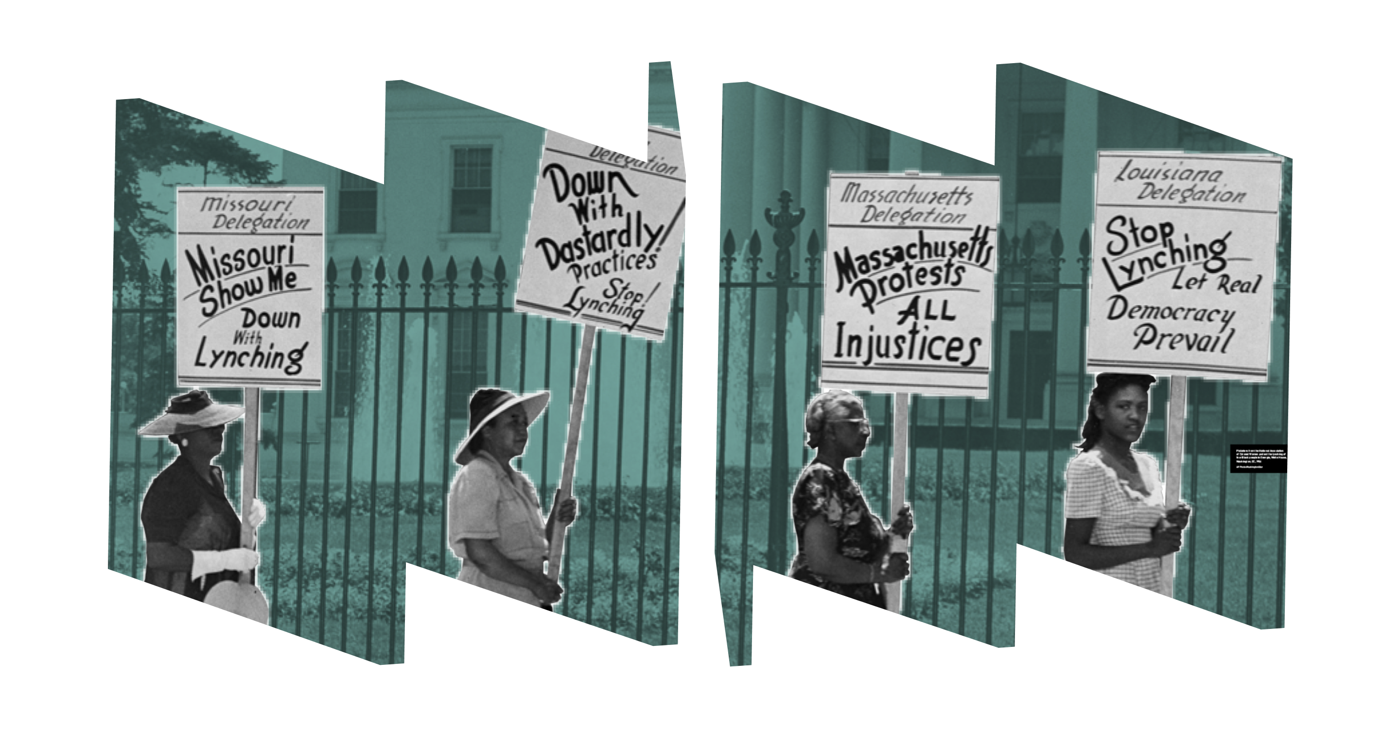 Black and white image of picketers representing the National Association of Colored Women march past the White House in Washington, DC, July 30, 1956, carrying posters protesting the lynching of four Black people in Georgia. The image is set against a teal backdrop, as featured in Black Feminist DC exhibition.