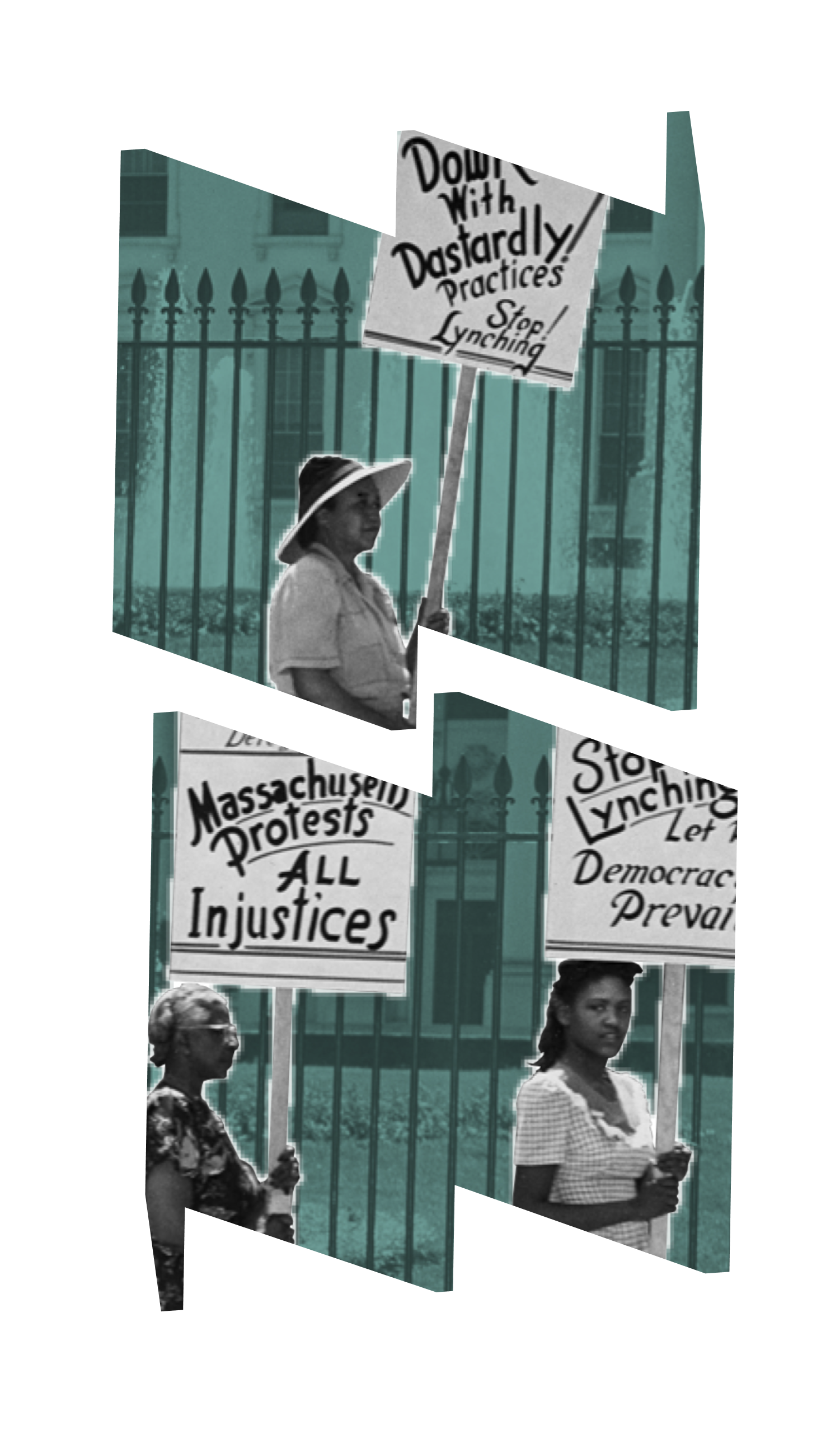 Black and white image of picketers representing the National Association of Colored Women march past the White House in Washington, DC, July 30, 1956, carrying posters protesting the lynching of four Black people in Georgia. The image is set against a teal backdrop, as featured in Black Feminist DC exhibition.