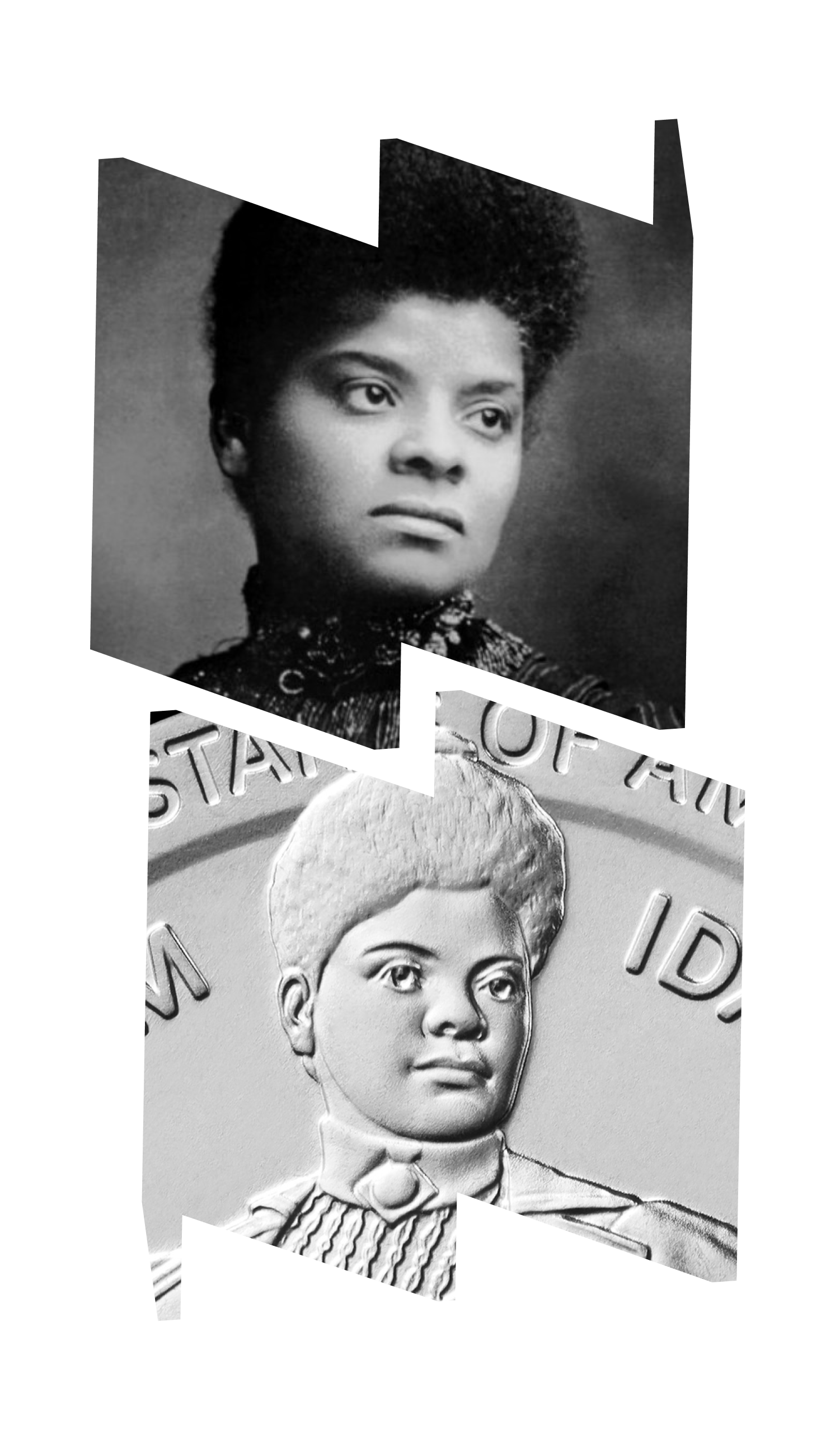In top "W" frame, an photograph of Ida B. Wells. In bottom "M" frame, a close-up of Wells on the new Ida B. Wells quarter.