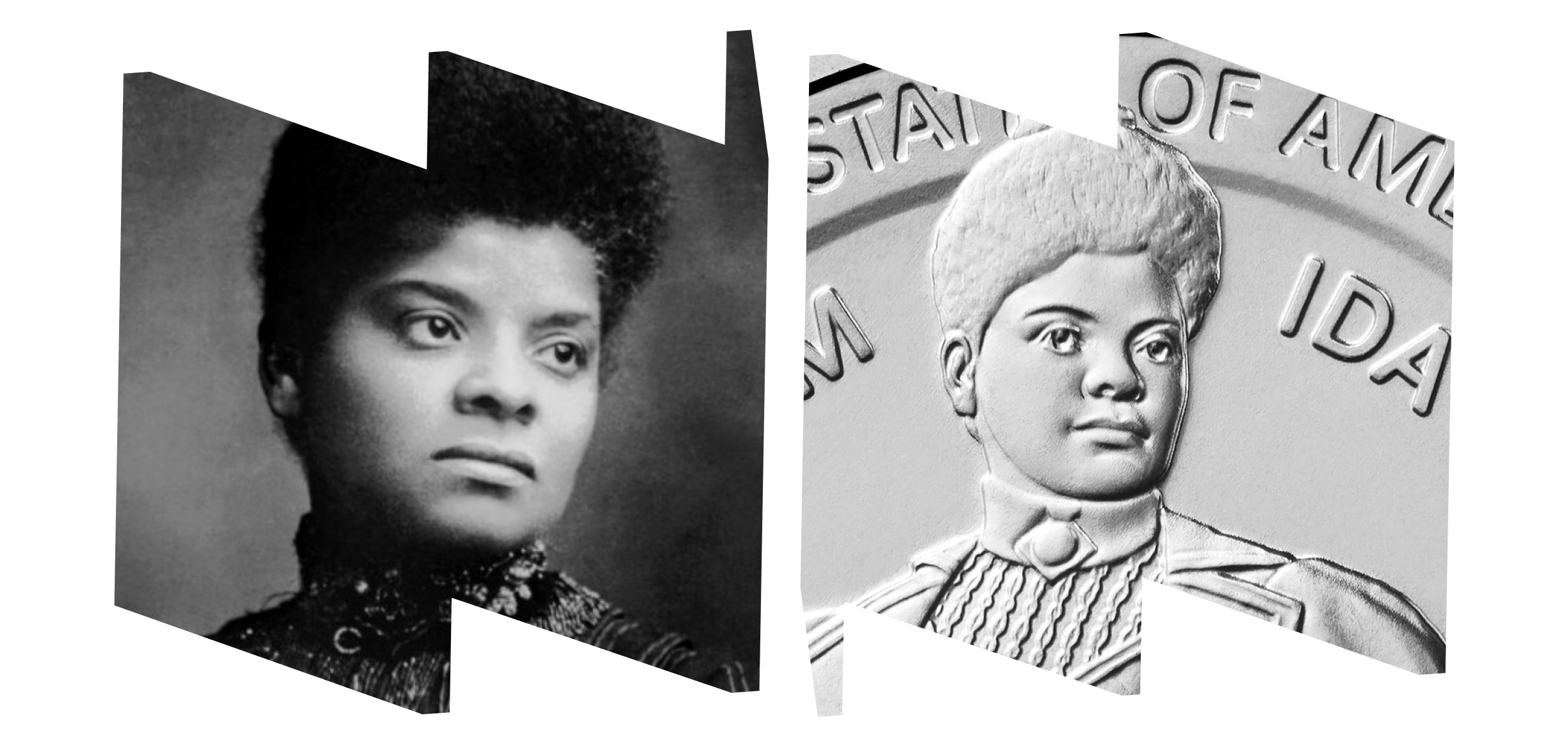 In left "W" frame, an photograph of Ida B. Wells. In right "M" frame, a close-up of Wells on the new Ida B. Wells quarter.