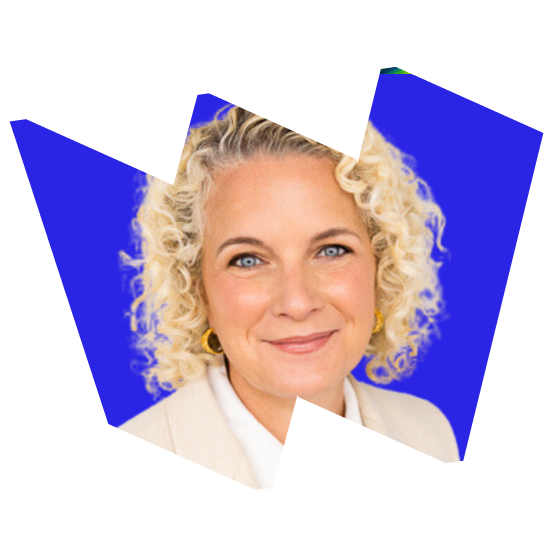 Headshot of Frédérique Irwin on blue background in W frame.