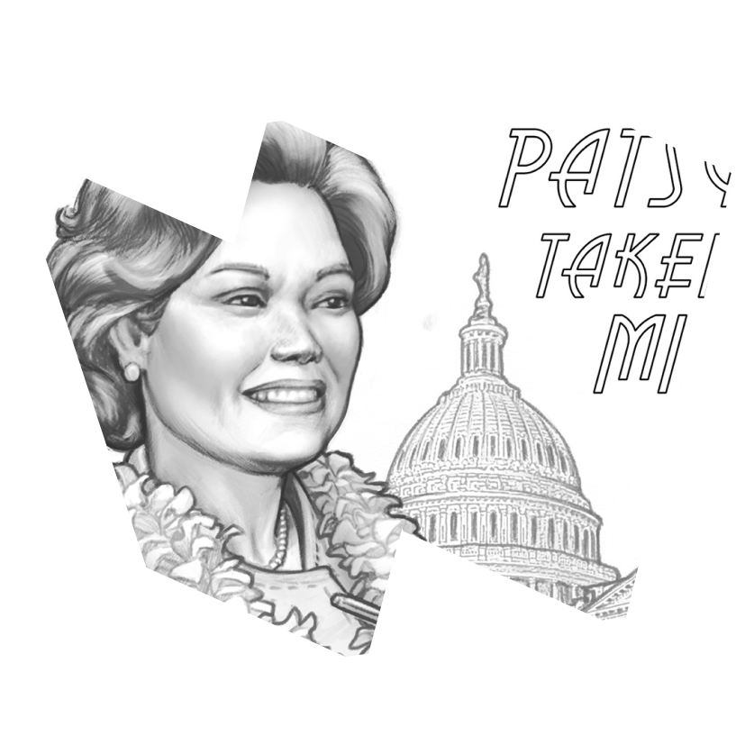 Illustration of Patsy Mink in front of the U.S. Capitol building.