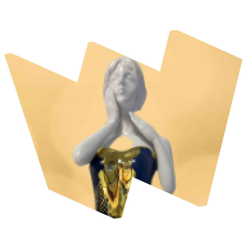 Close-up image of Muse Award statue - woman wearing blue and gold dress with right hand on her face and left hand on her neck, set against a light gold background.