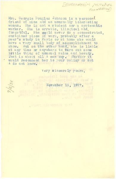 Letter of Recommendation from W.E.B. duBois for Douglas Johnson