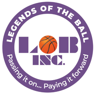 Legends of the Ball, Inc. logo -- says "Passing it on...Paying it forward."  The "O" in LOB is a basketball.