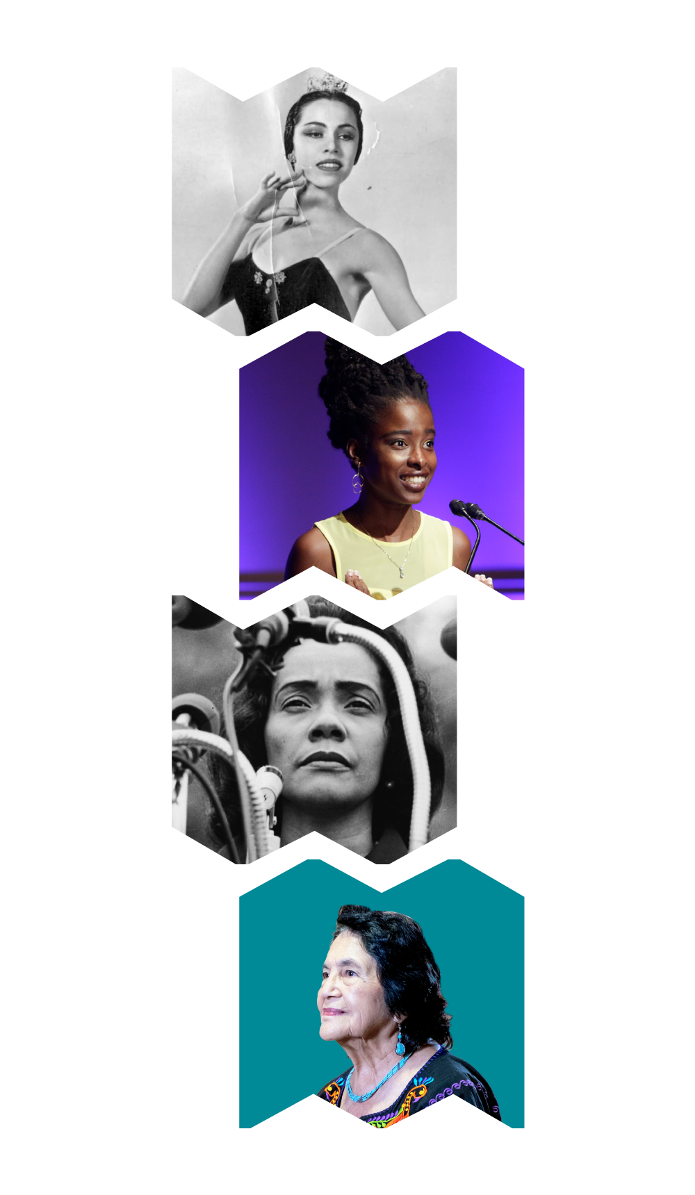 Top "W" frame with Maria Tallchief; middle "M" frame with Amanda Gorman; middile "W" frame with Coretta Scott King; bottom "M" frame with Dolores Huerta.