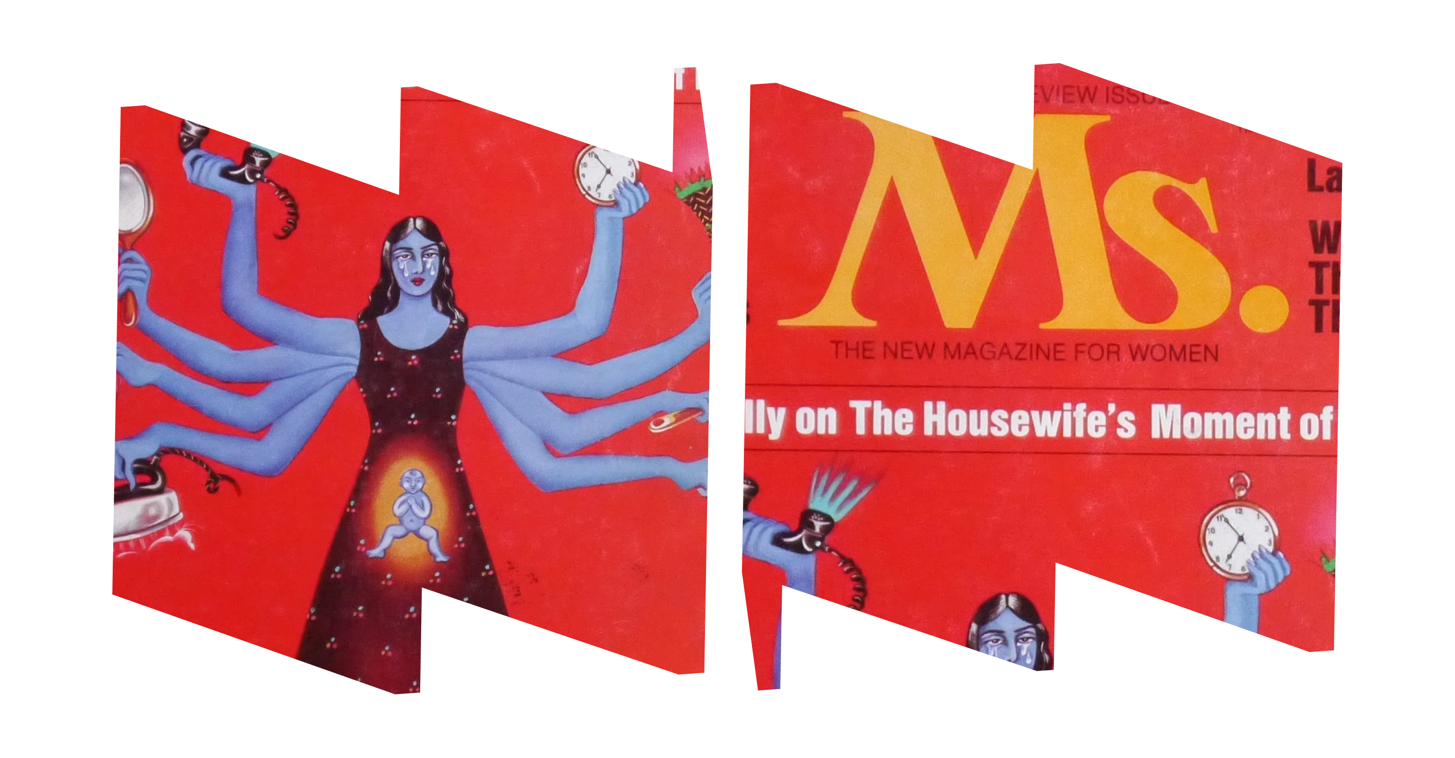 In left "W' frame, illustration of woman with many arms. In right "M" frame, "Ms. Magazine" text in yellow.  Images are in front of red background.
