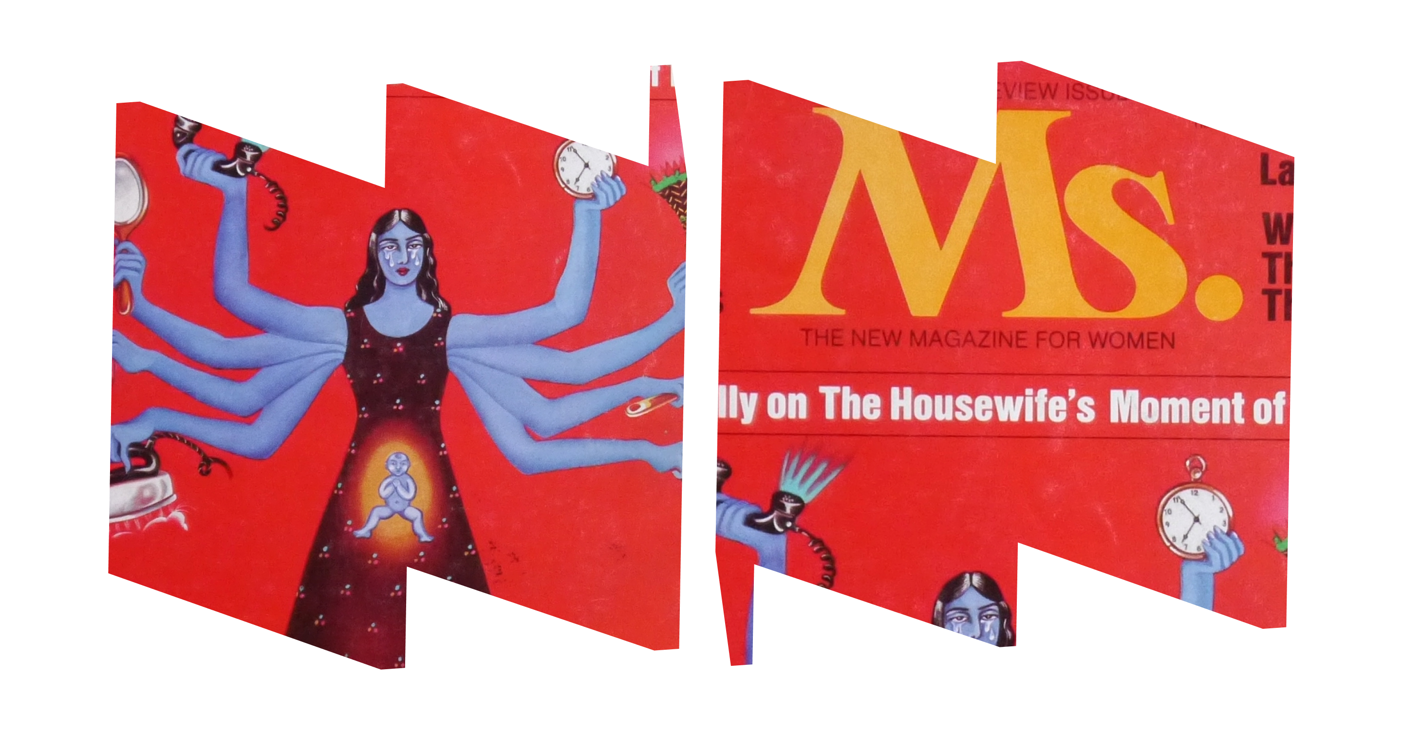 In left "W' frame, illustration of woman with many arms. In right "M" frame, "Ms. Magazine" text in yellow. Images are in front of red background.