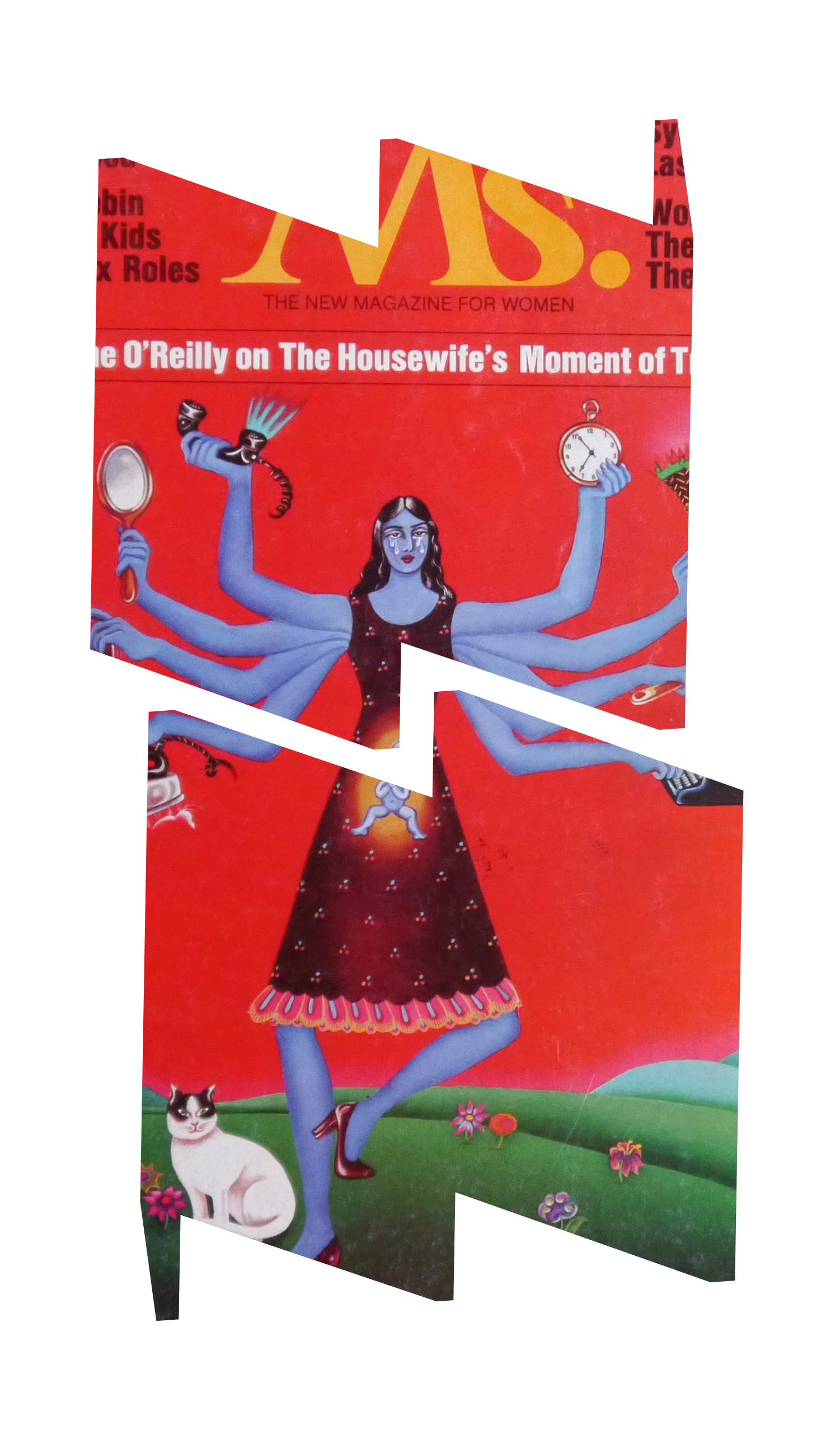 In left "W' frame, illustration of woman with many arms. In right "M" frame, "Ms. Magazine" text in yellow. Images are in front of red background.