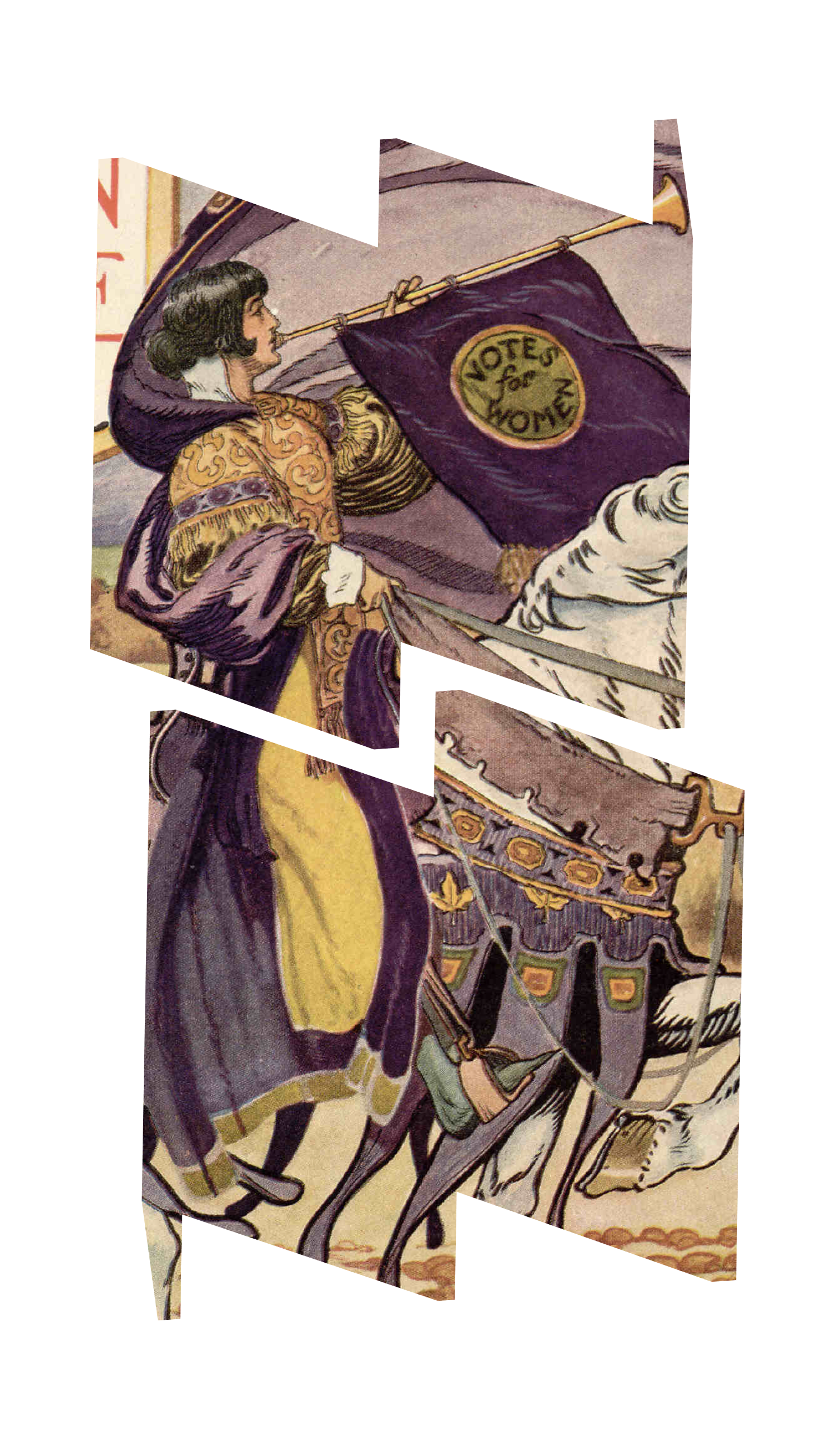 Illustration from 1913 of woman on horse with trumpet & sign saying "Votes for Women."