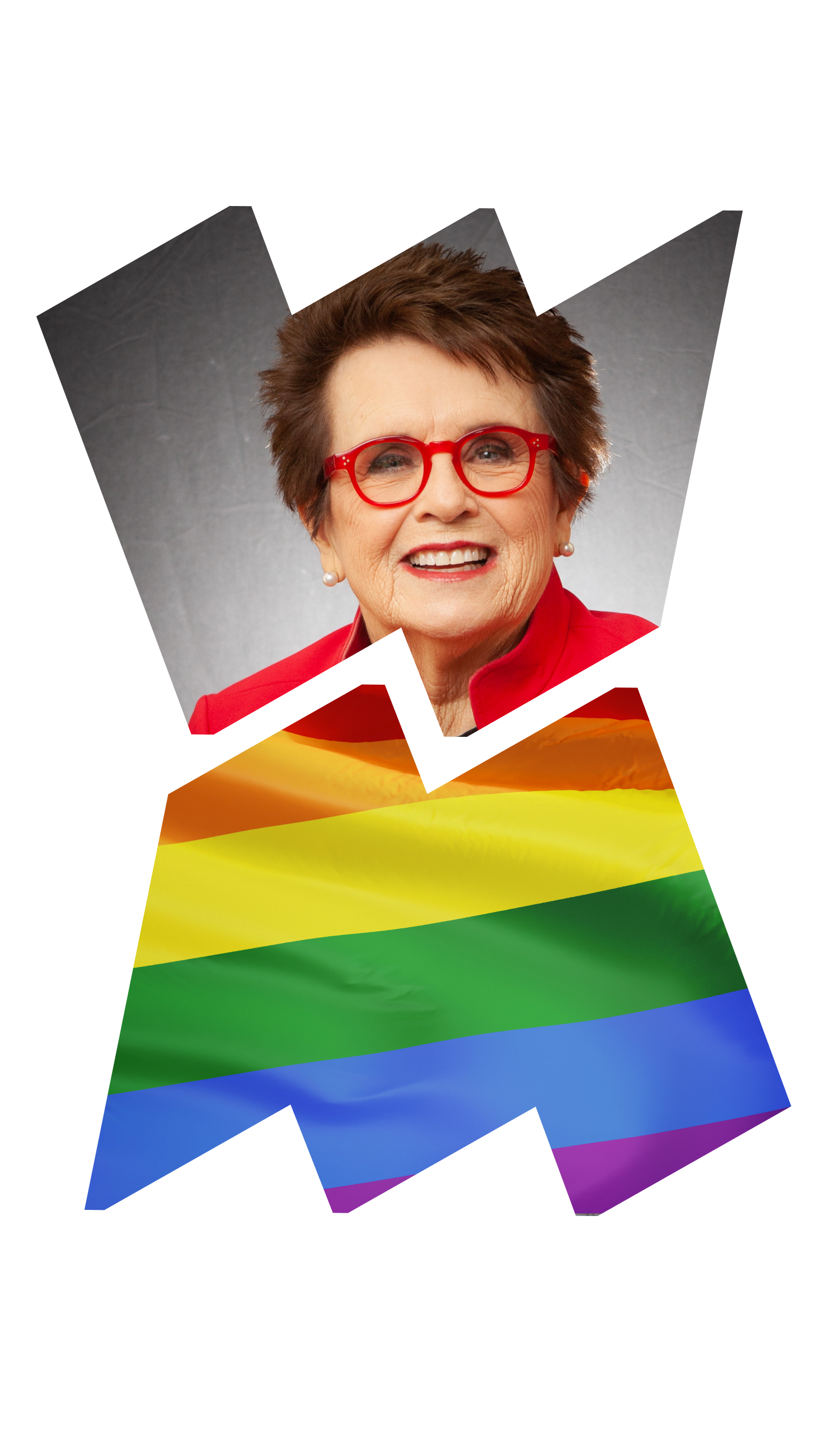Current headshot of Billie Jean King in left "W" frame, rainbow flag in right "M" frame.
