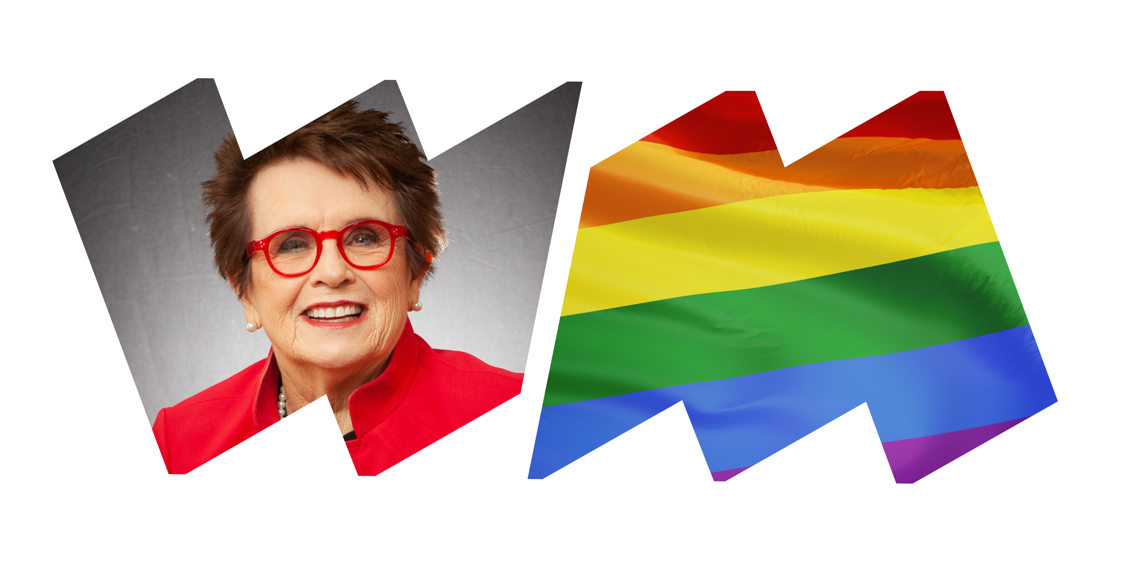 Current headshot of Billie Jean King in left "W" frame, rainbow flag in right "M" frame.