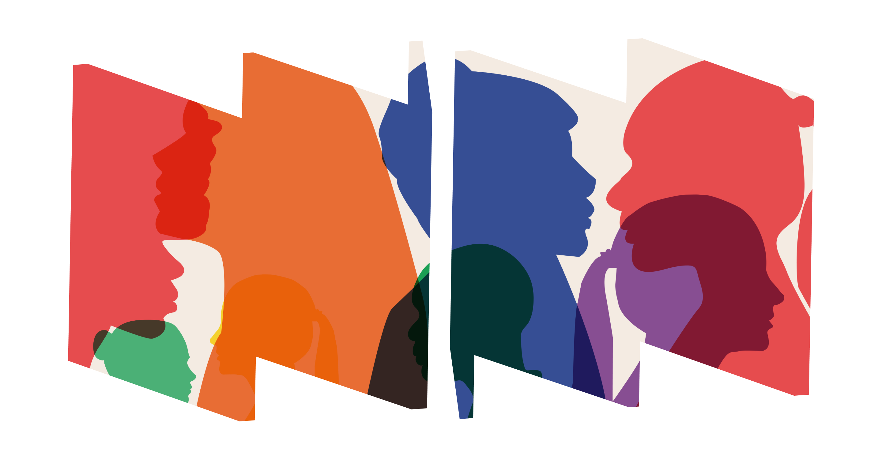 Group side silhouette illustration of men and women in various primary colors.