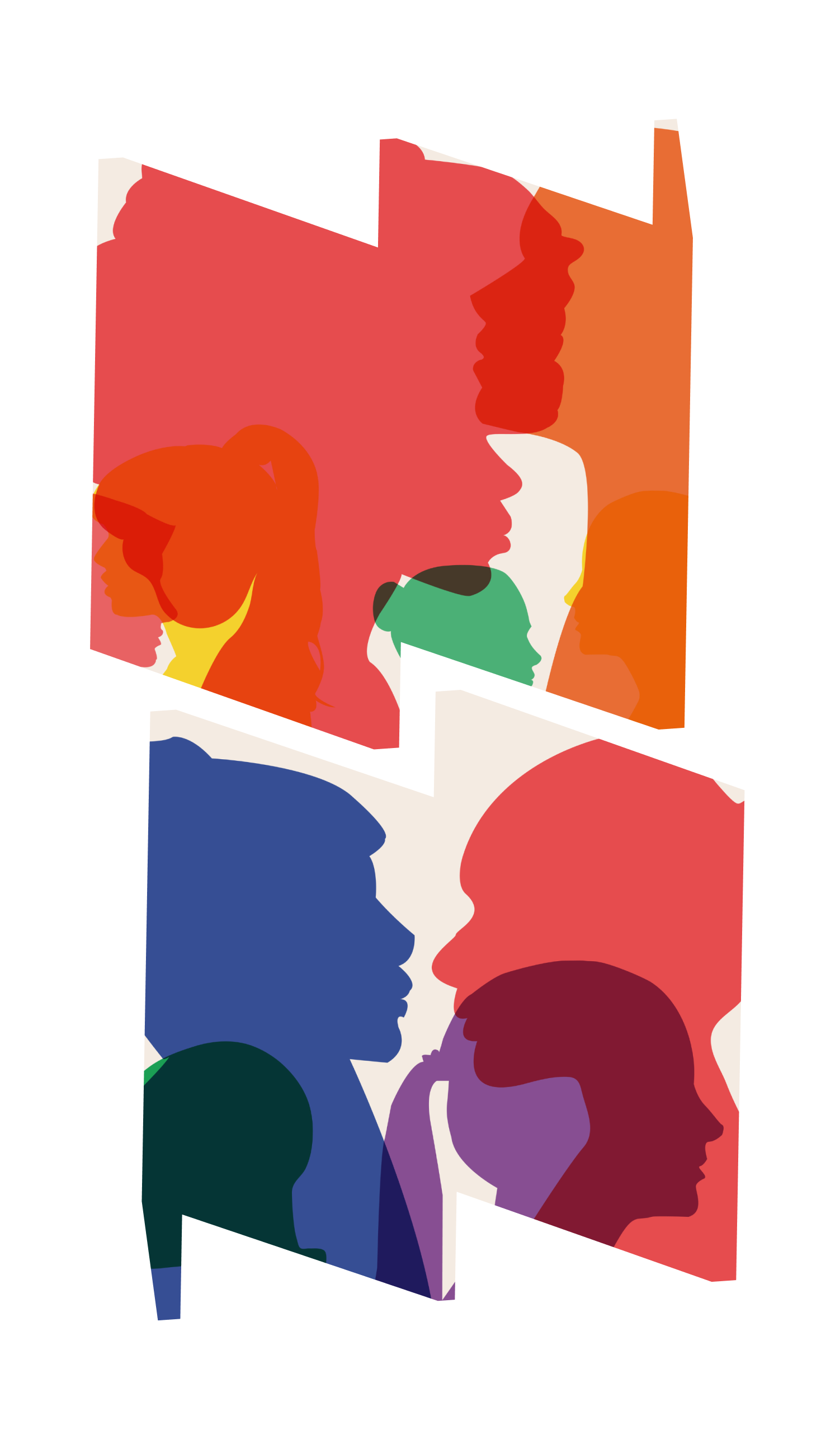 Group side silhouette illustration of men and women in various primary colors.