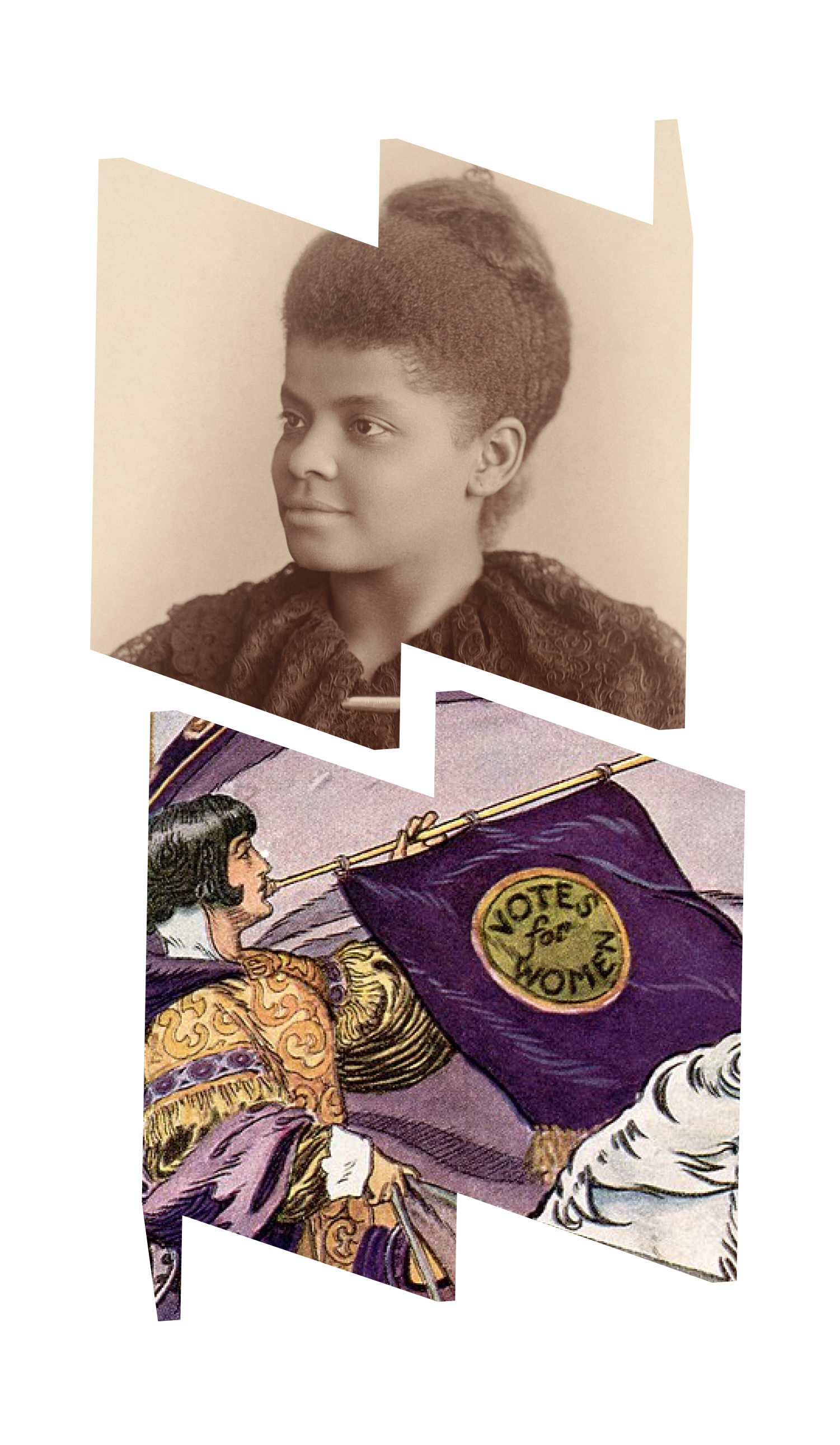 In top "W" frame, profile image of Ida B. Wells; in bottom "M" frame, illustration of woman on horse with "Votes for Women" banner.