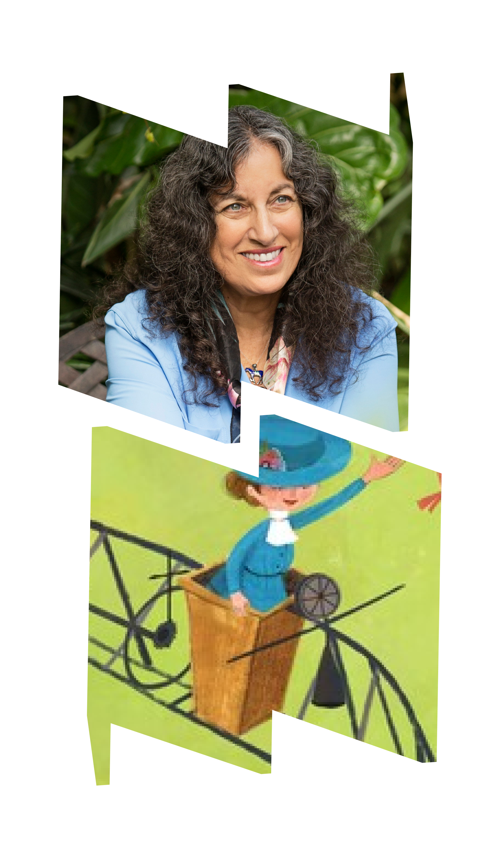 In top "W" frame, headshot of author Margarita Margarita Engle; in bottom "M" frame, illlustration of Aída de Acosta from book cover.