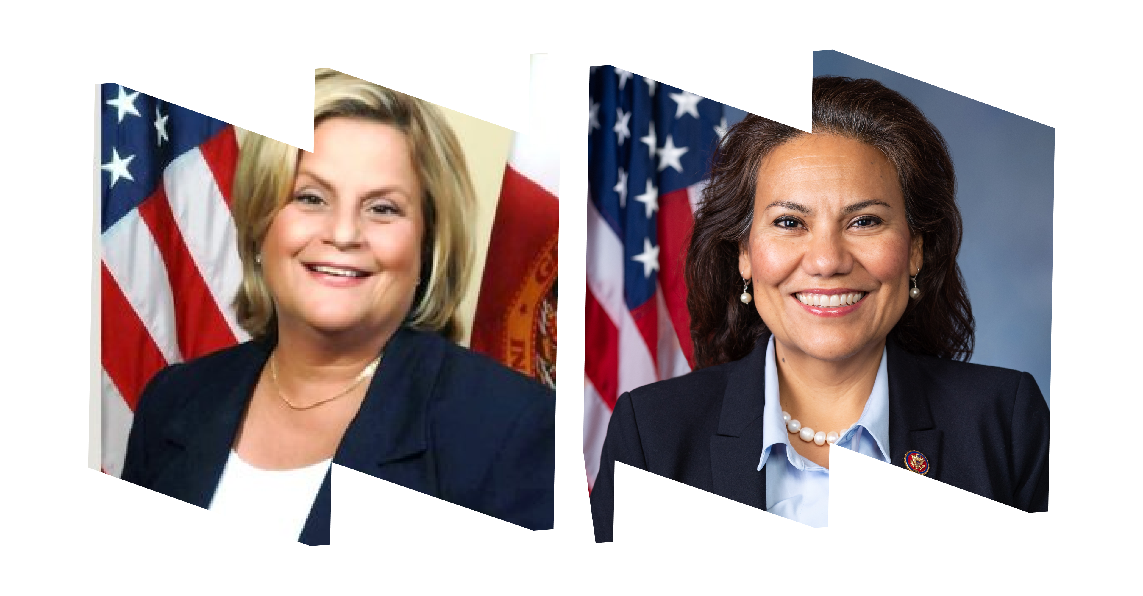 In top "W" frame, headshot of Rep. Ileana Ros-Lehtinen; in right "M" frame, headshot of Rep. Veronica Escobar.