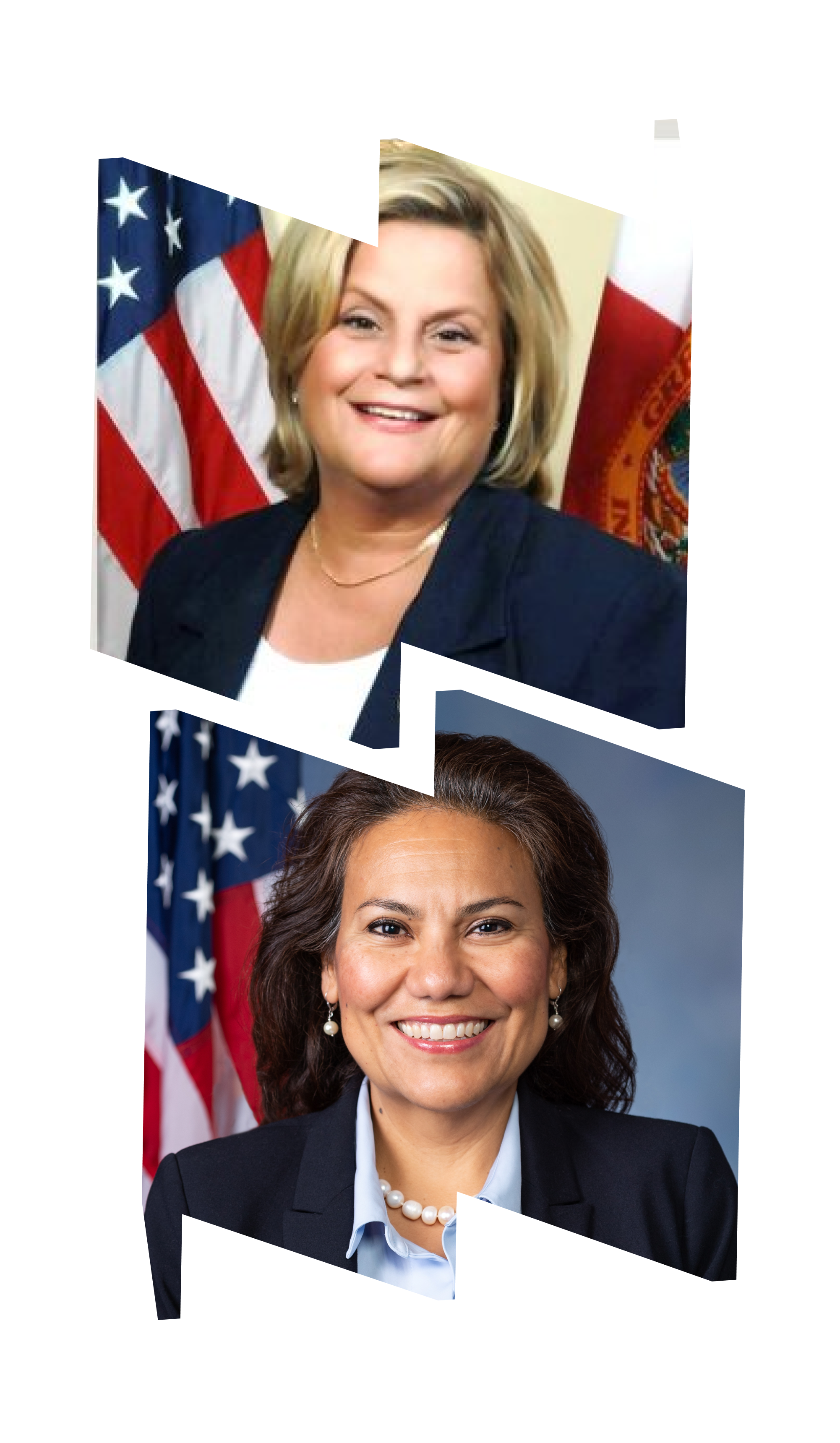 In top "W" frame, headshot of Rep. Ileana Ros-Lehtinen; in right "M" frame, headshot of Rep. Veronica Escobar.