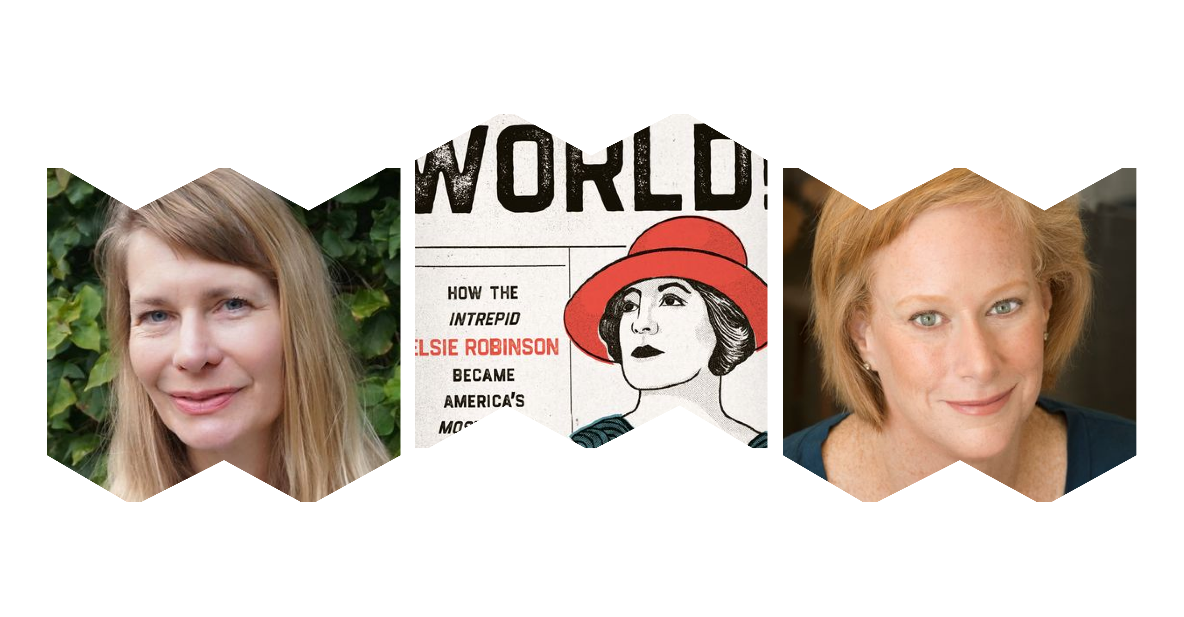 Left "W" frame with headshot of Julia Scheeres; center "M" frame, cover image of book that says "Listen, World" with illustration of Elsie Robinson's head; right "W" frame, headshot of Allison Gilbert.