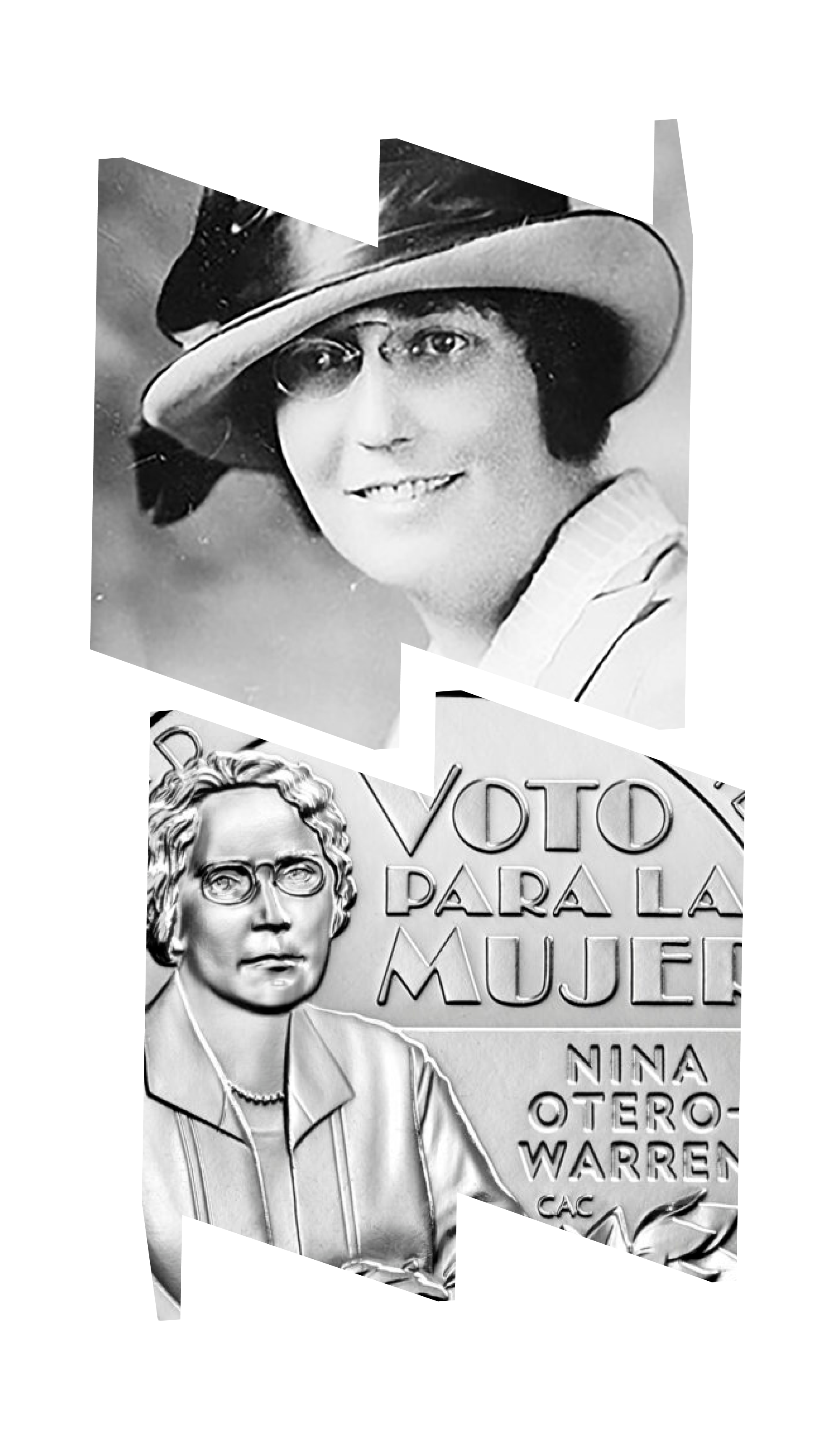 Top "W" frame shows black and white headshot of Nina Otero-Warren; bottom "M" frame showing image of quarter design featuring Otero-Warren seated with words "Voto Para La Mujer" and her name.