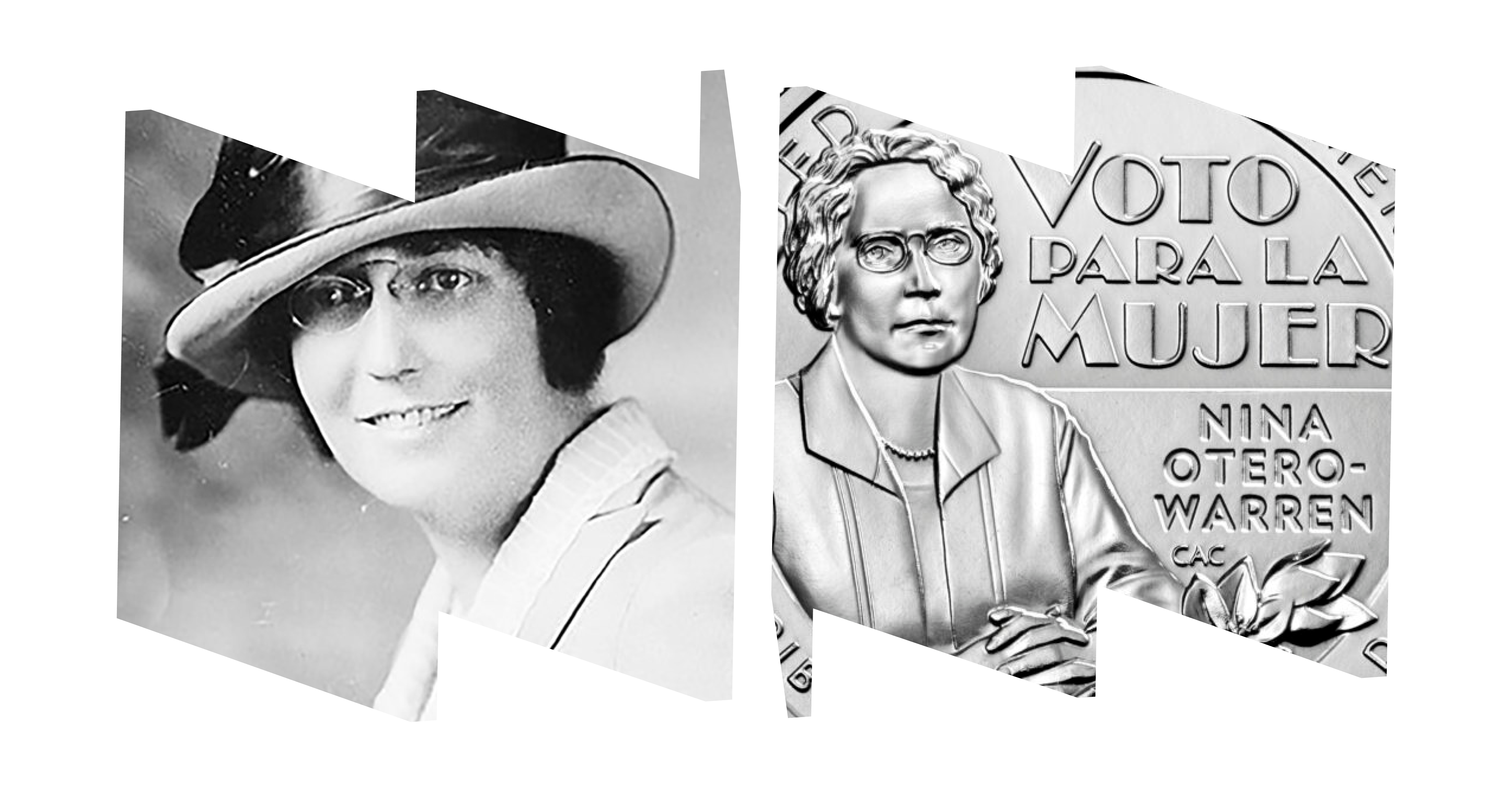 Left "W" frame shows black and white headshot of Nina Otero-Warren; right "M" frame showing image of quarter design featuring Otero-Warren seated with words "Voto Para La Mujer" and her name.