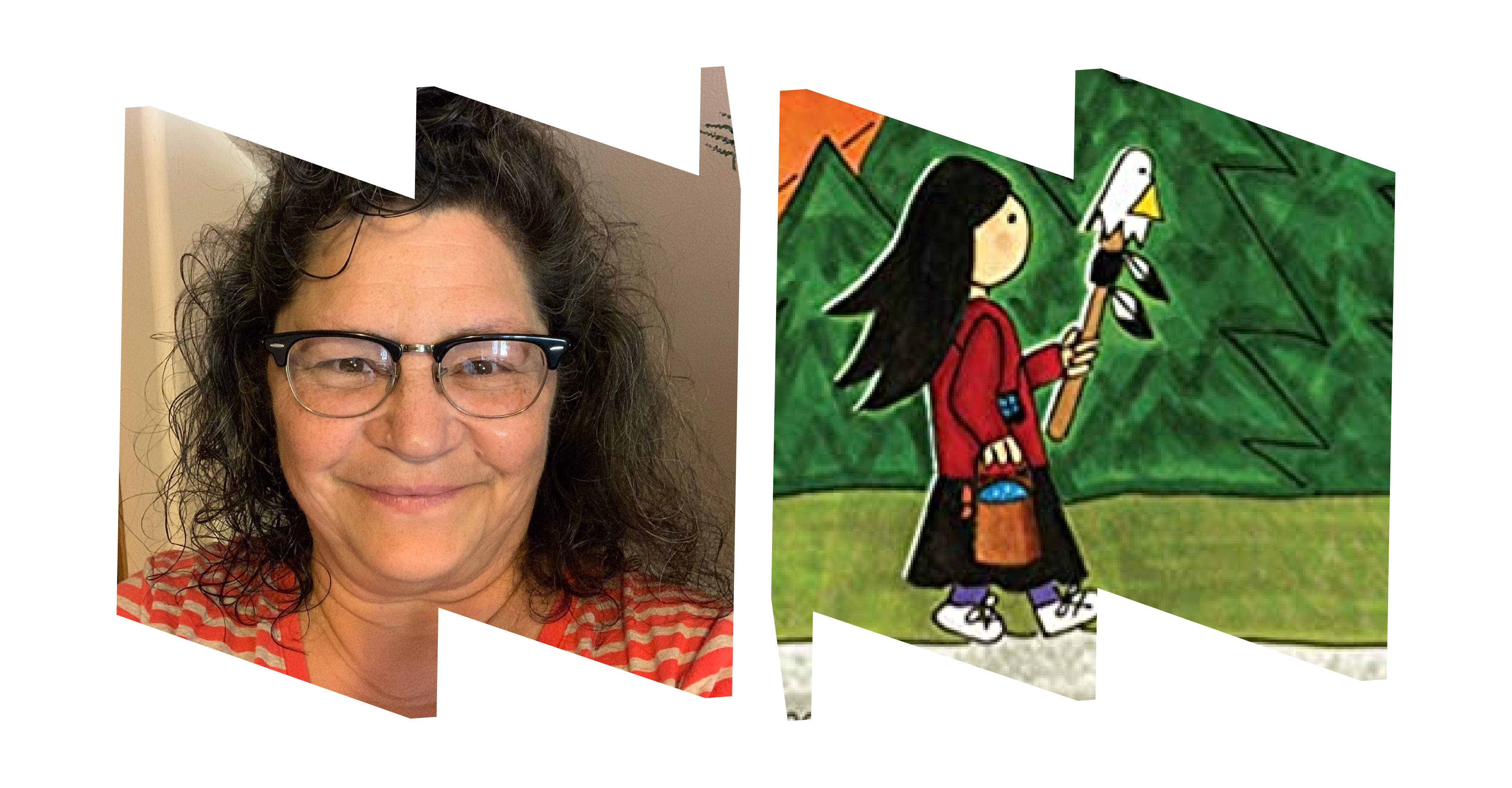 In left "W" frame, headshot of author Joanne Robertson; in right "M" frame, image of young girl walking and carrying watering can from cover of the book