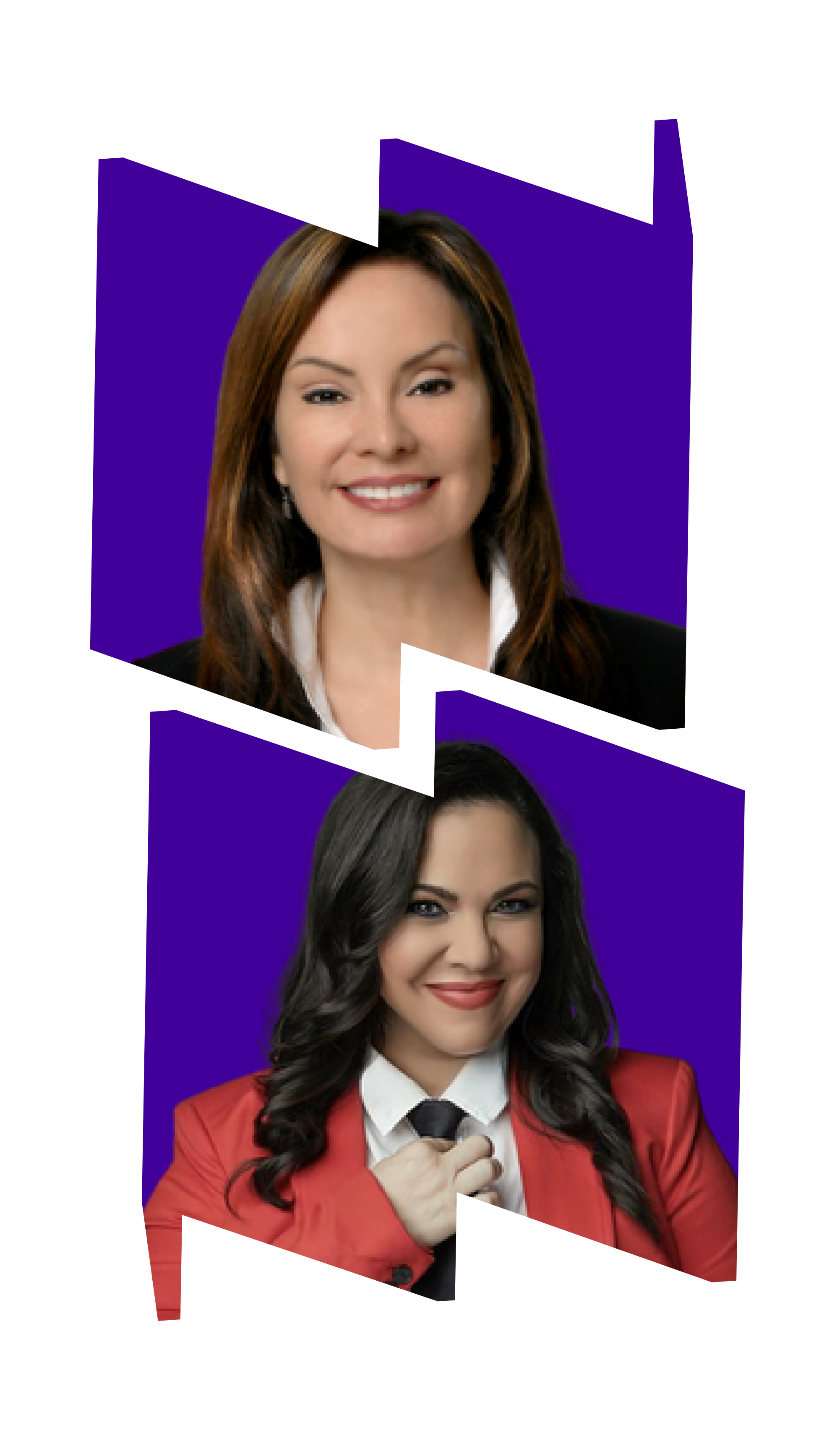 In left "W" frame, headshot of Rosie Rios with purple background; in right "M" frame, headshot of Gloria Calderon Kellett on purple background.