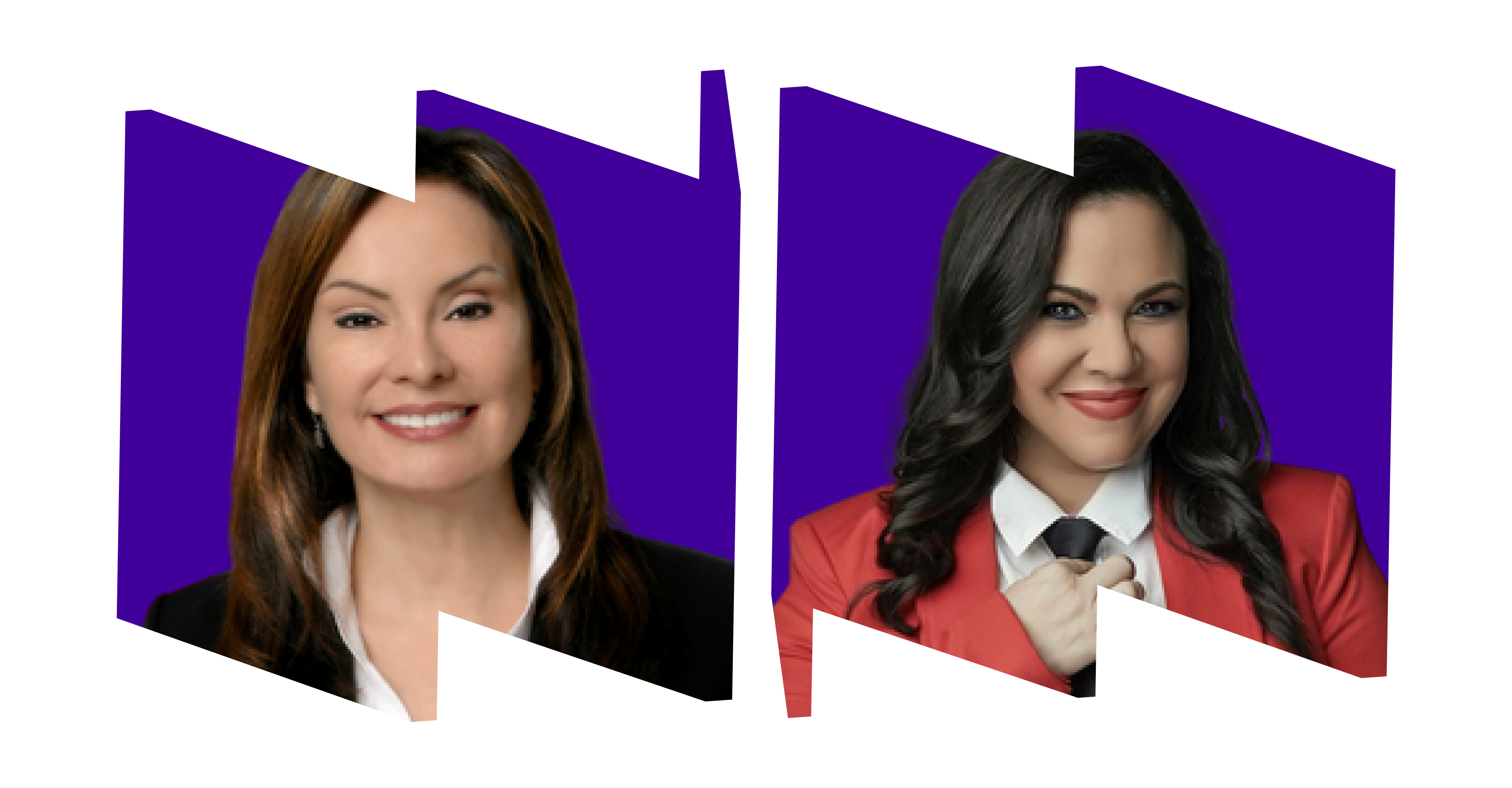 In left "W" frame, headshot of Rosie Rios with purple background; in right "M" frame, headshot of Gloria Calderon Kellett on purple background.