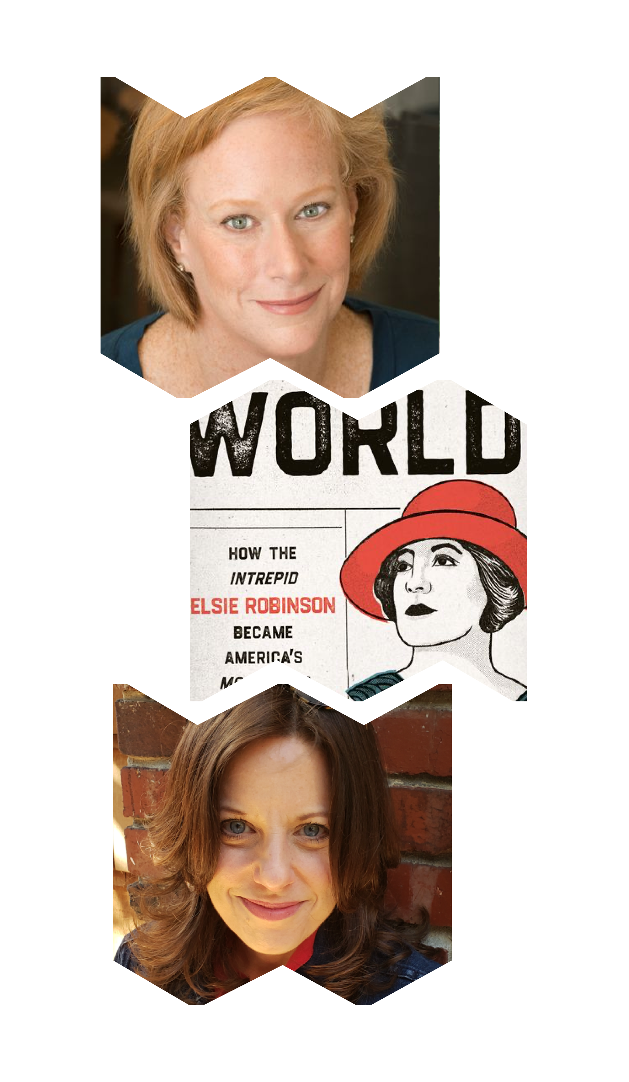 Top "W" frame with headshot of Allison Gilbert; center "M" frame, cover image of book that says "Listen, World" with illustration of Elsie Robinson's head; bottom "W" frame, headshot of Laura Mazer