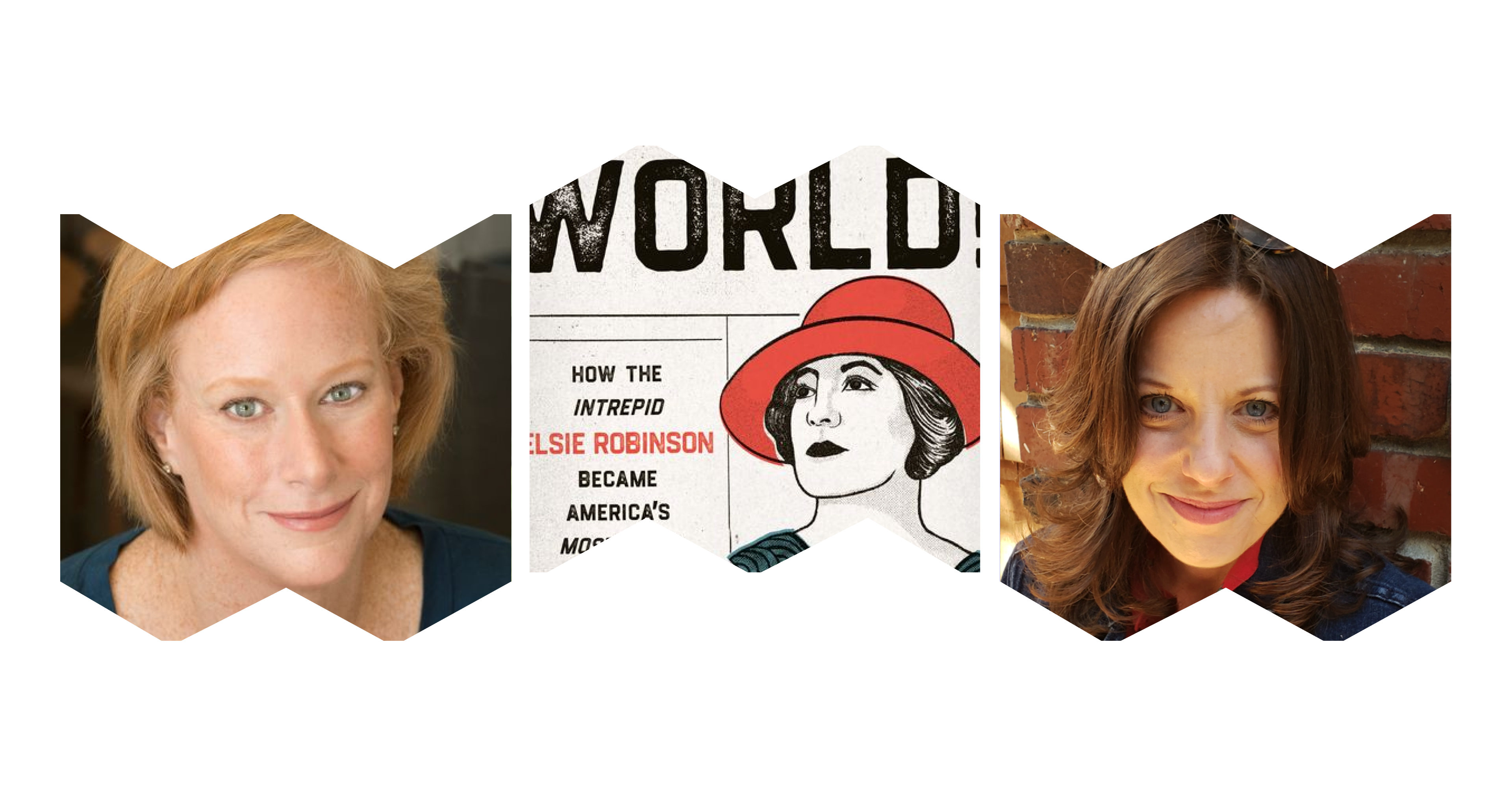Left "W" frame with headshot of Allison Gilbert; center "M" frame, cover image of book that says "Listen, World" with illustration of Elsie Robinson's head; right "W" frame, headshot of Laura Mazer
