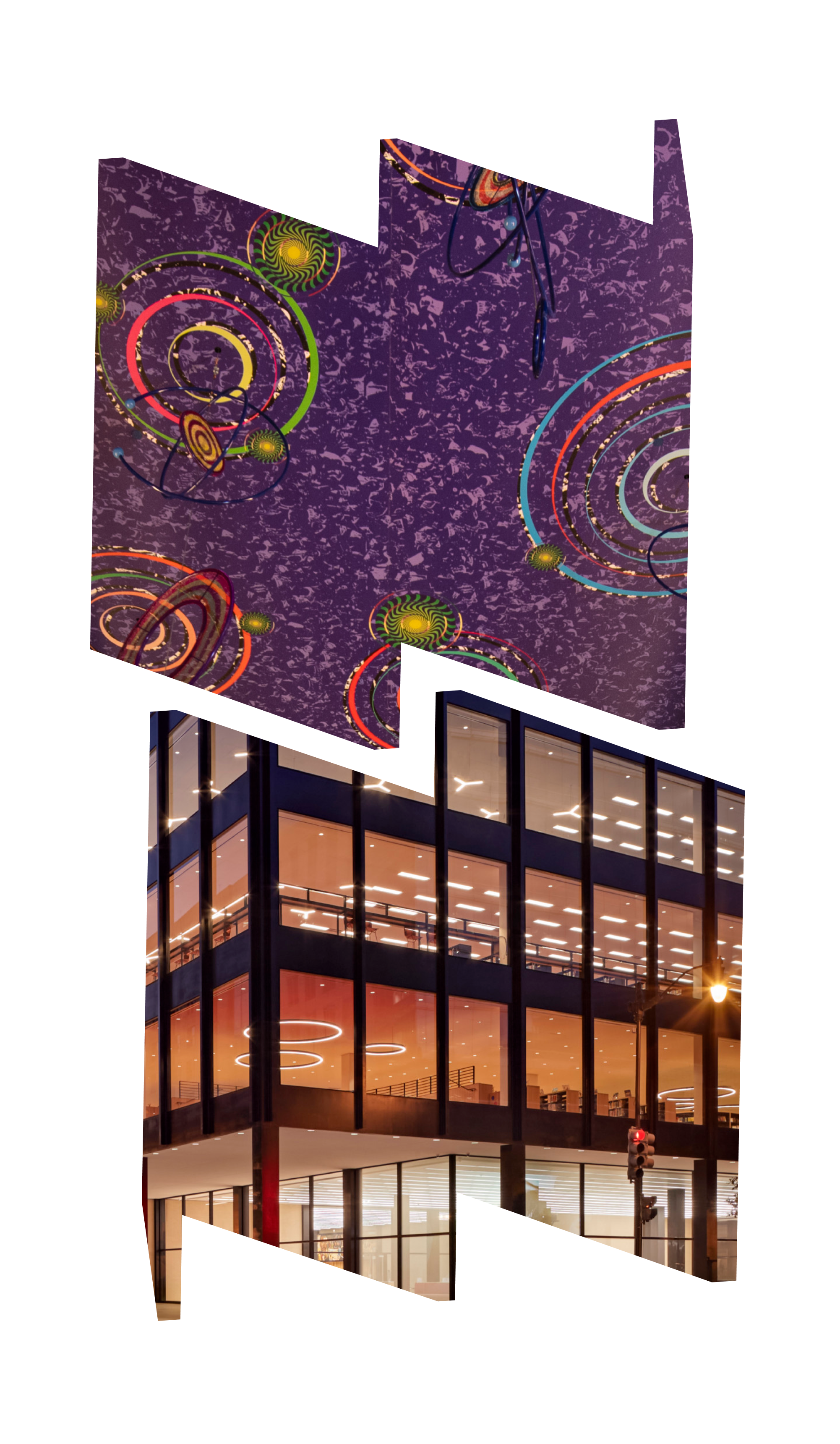 Top "W" frame shows artwork at MLK Library by Xenobia Bailey; bottom "M" frame shows exterior of Martin Luther King Jr. Memorial Library in Washington, DC.