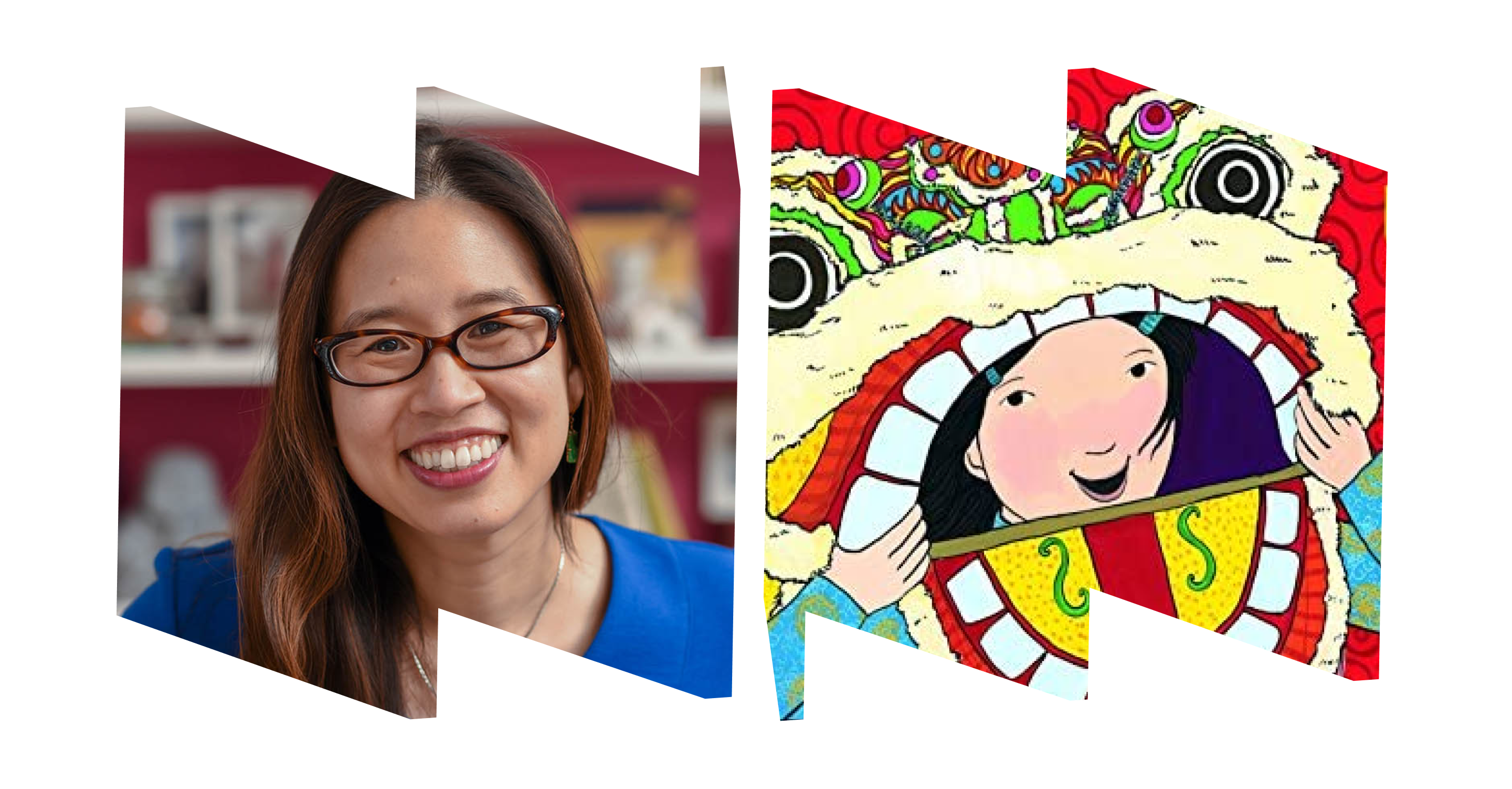Left "W" frame with author Grace Lin. Right "M" frame with book cover (illustration of young girl).