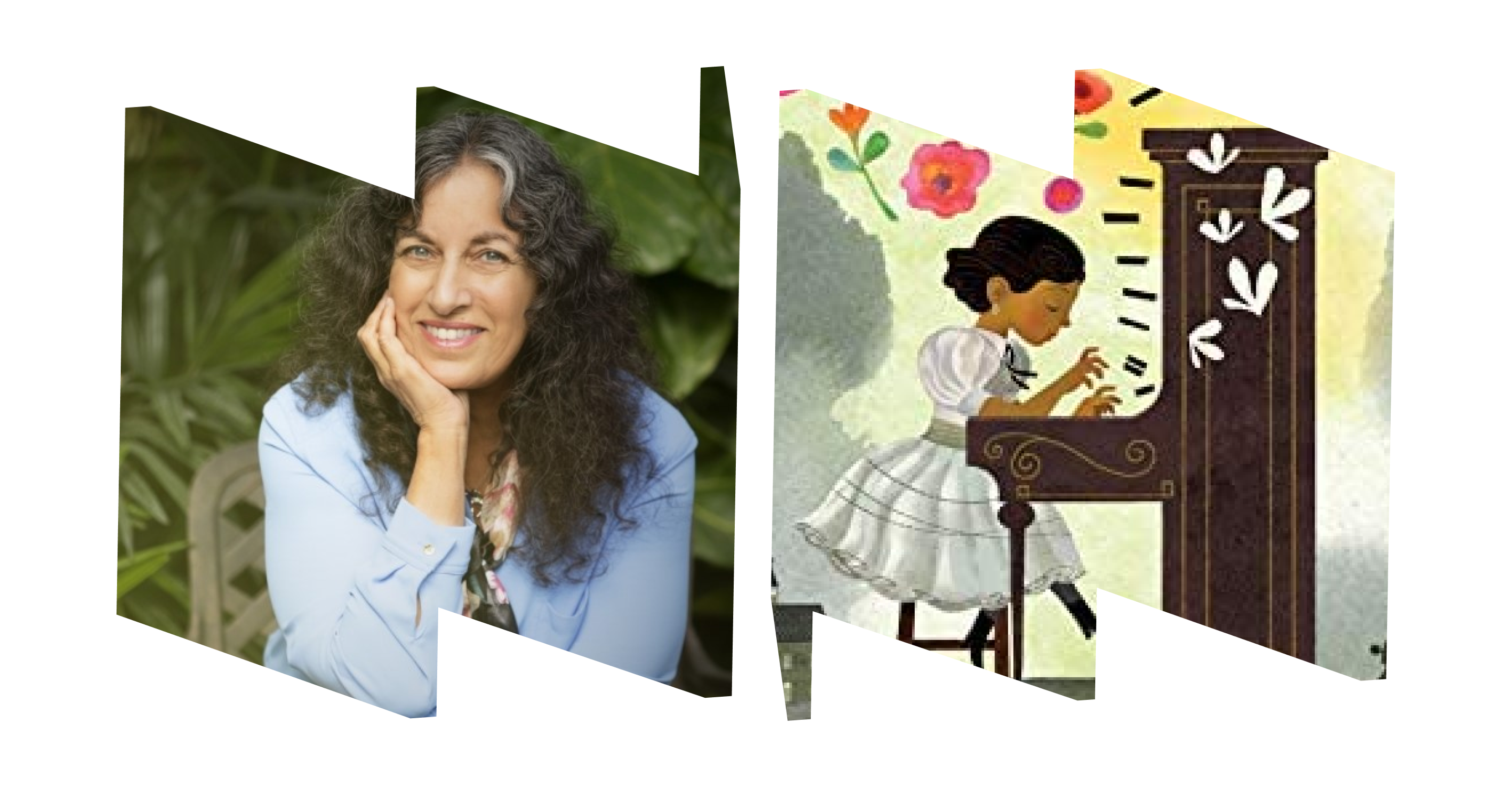 Left "W" frame a headshot of author Margarita Engle; right "W" frame with illustration of girl playing piano (book cover).