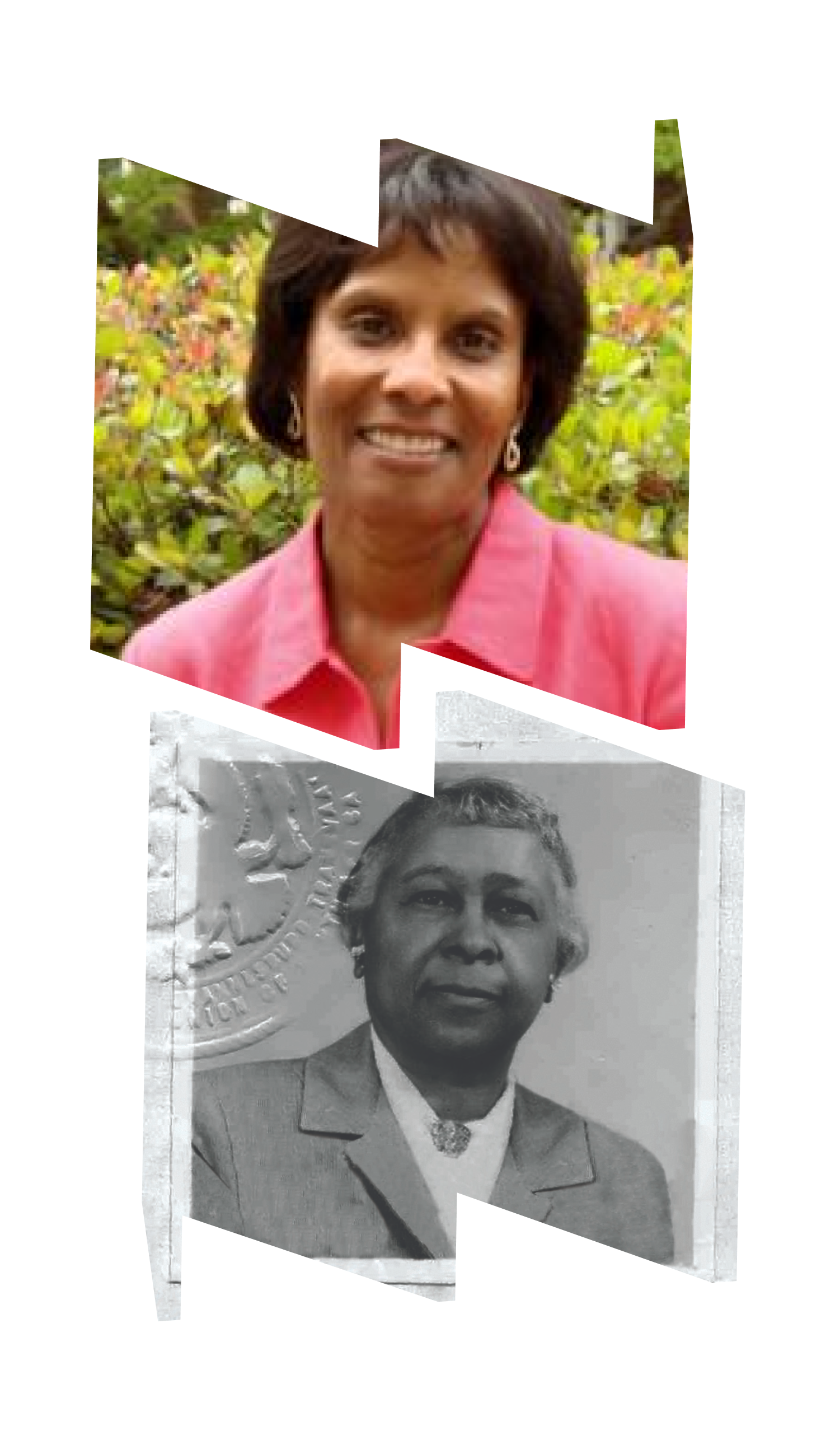 Top "W" frame headshot of author Wanda A. Hendricks; bottom "M" frame with black and white portrait of Madie Hall Xuma from book cover.