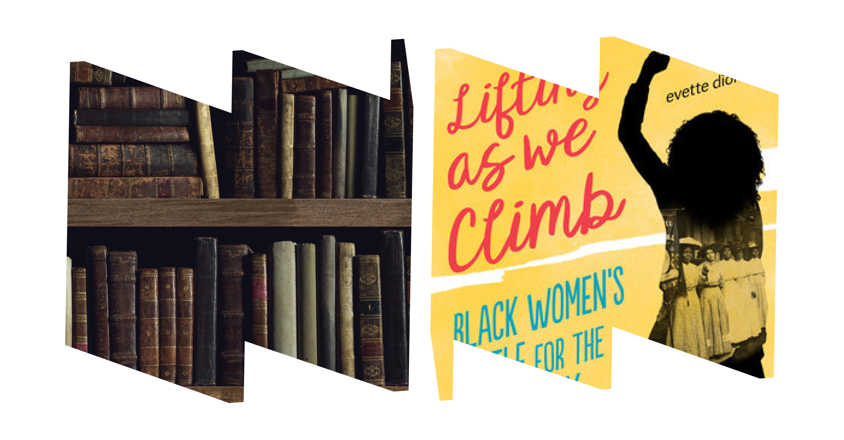Left "W" frame -- images of books on book shelf. Right "M" frame is book cover with title and illustration of girl raising fist.